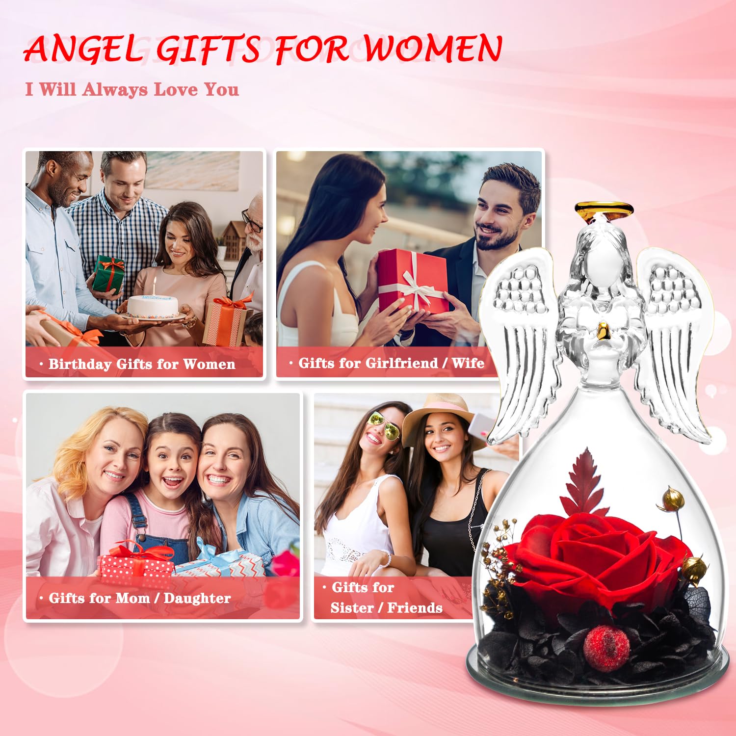 Eternal Preserved Rose in Glass Angel Figurine - Romantic Gift for Women, Mom & Grandma | Birthday, Wedding, Christmas, Thanksgiving Present | Perfect for Home Decor, Anniversary Keepsake & Special Occasion Surprise