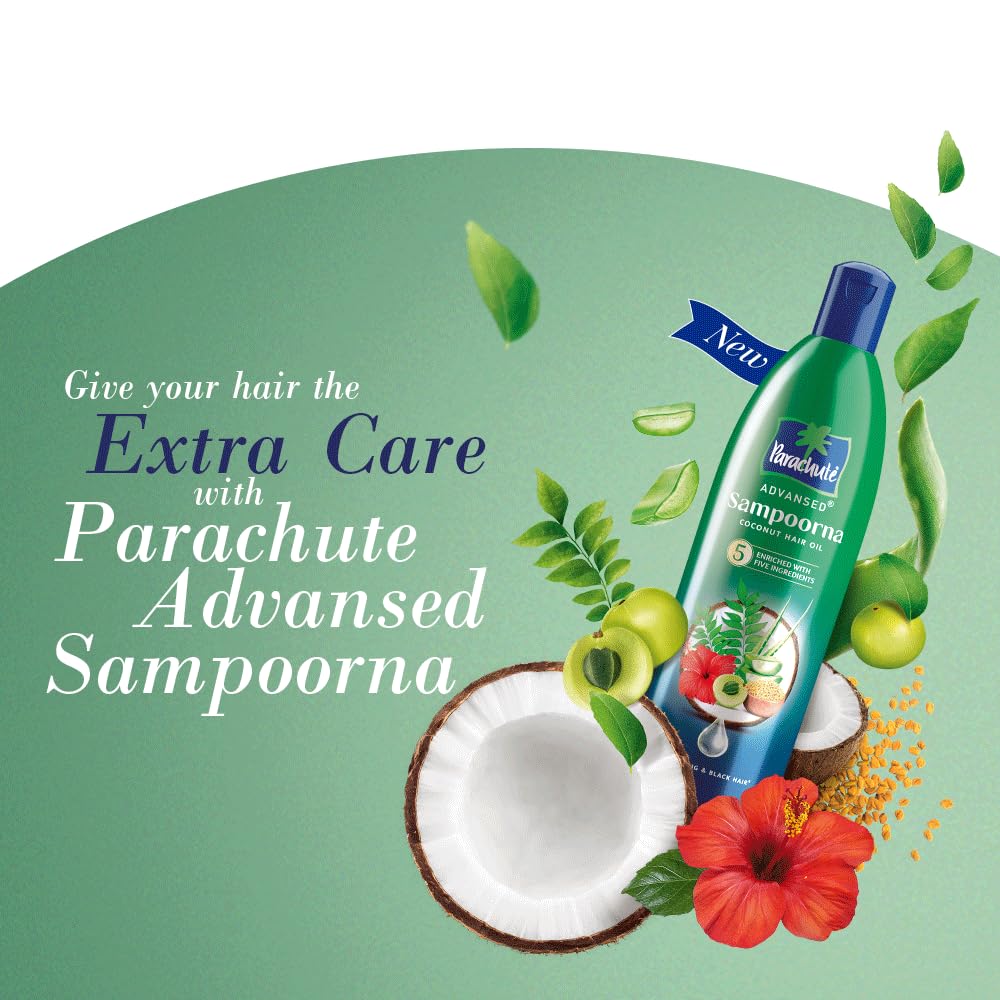 Parachute Advansed Sampoorna Coconut Hair Oil with 5 Herbs (Hibiscus, Curry Leaves, Fenugreek, Amla & Aloe) - Promotes Long, Thick & Black Hair Growth - 280ml - Perfect for Daily Hair Care & Scalp Massage