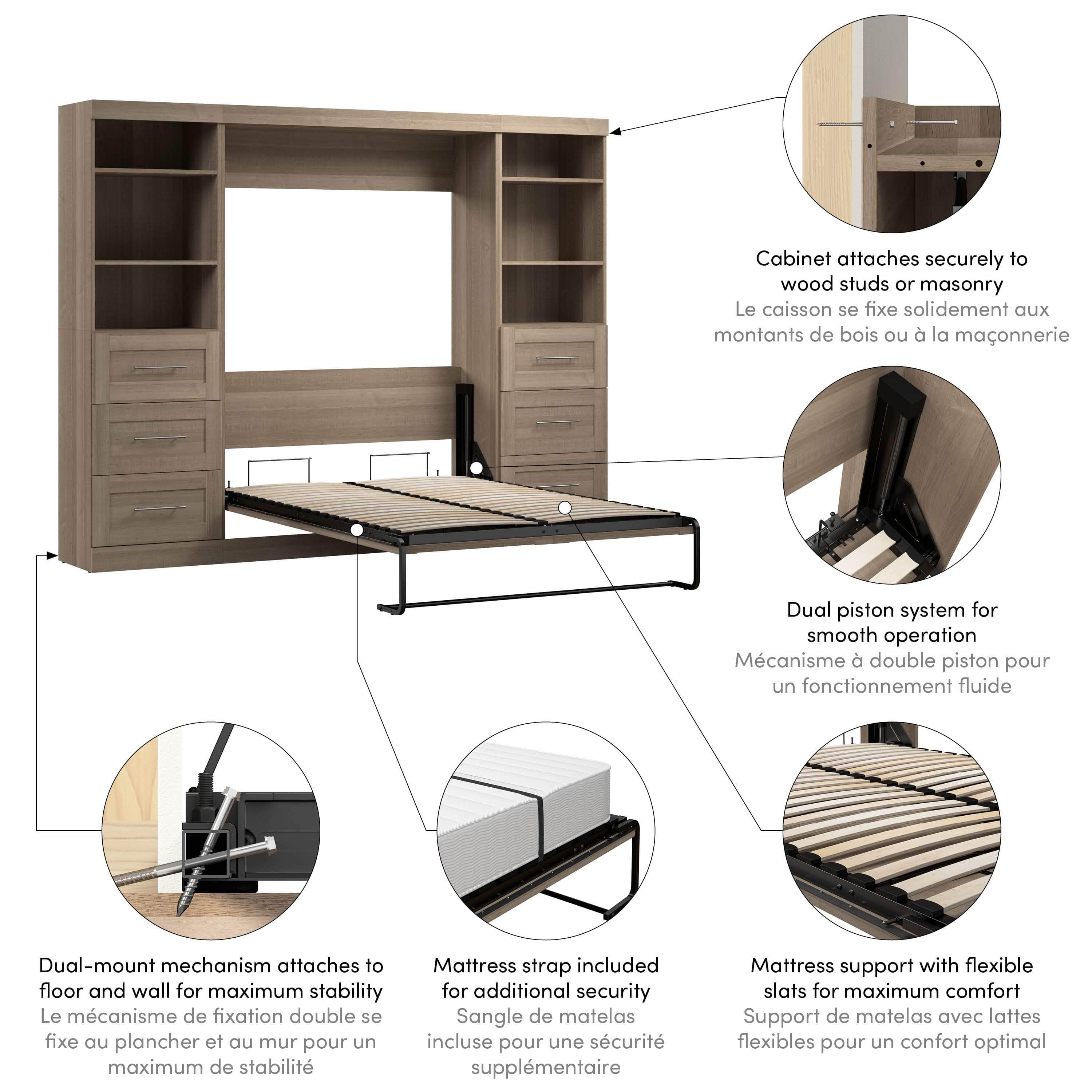 Pur Full Murphy Wall Bed with 2 Storage Units & Drawers (109W) - 7 Color Options for Space-Saving Home Office, Guest Room & Small Apartments