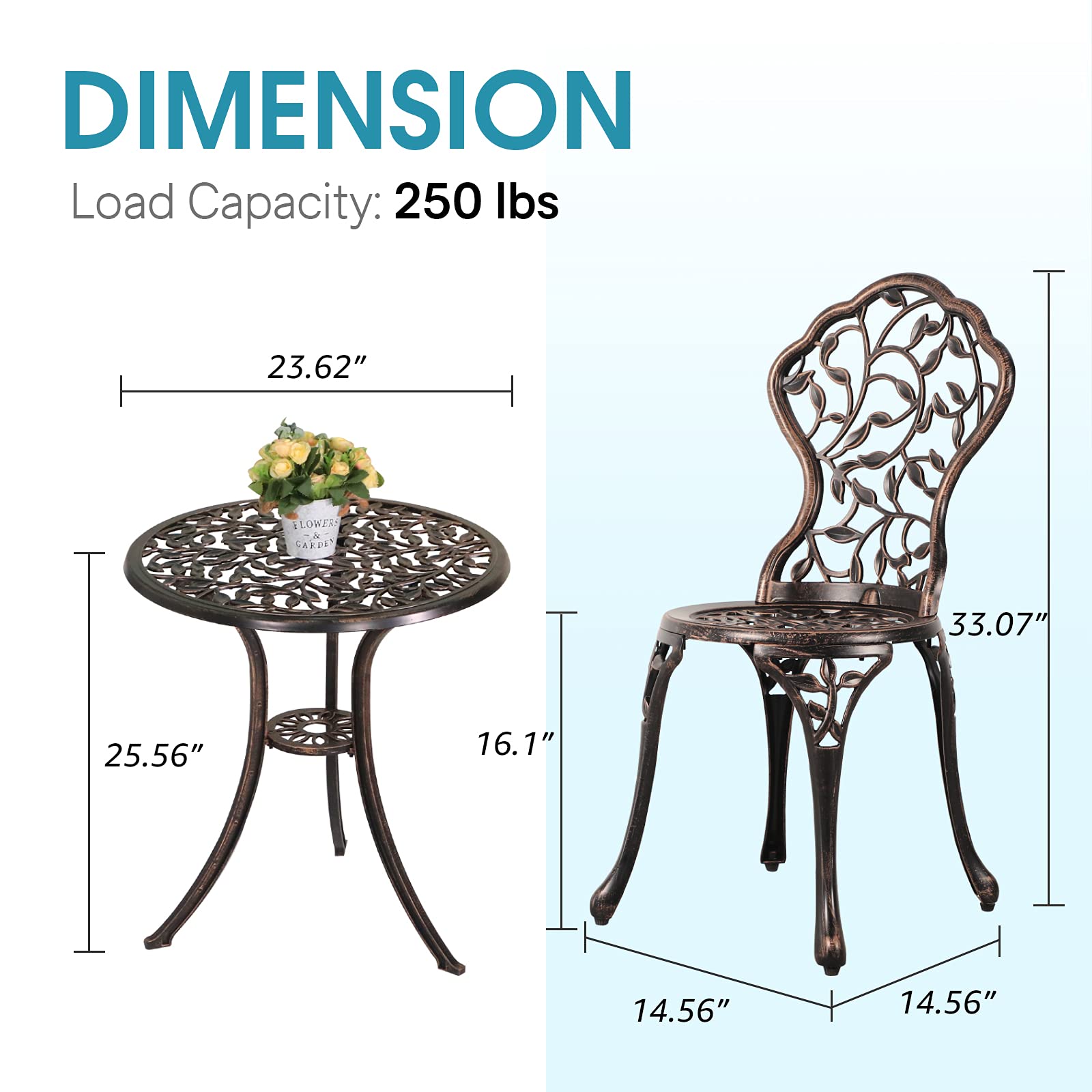 Patiorama 3-Piece Outdoor Bistro Set - Cast Aluminum Patio Furniture with Rust-Resistant All-Weather Design, Decorative Leaf Pattern & Antique Copper Finish - Perfect for Garden, Balcony or Backyard Relaxation