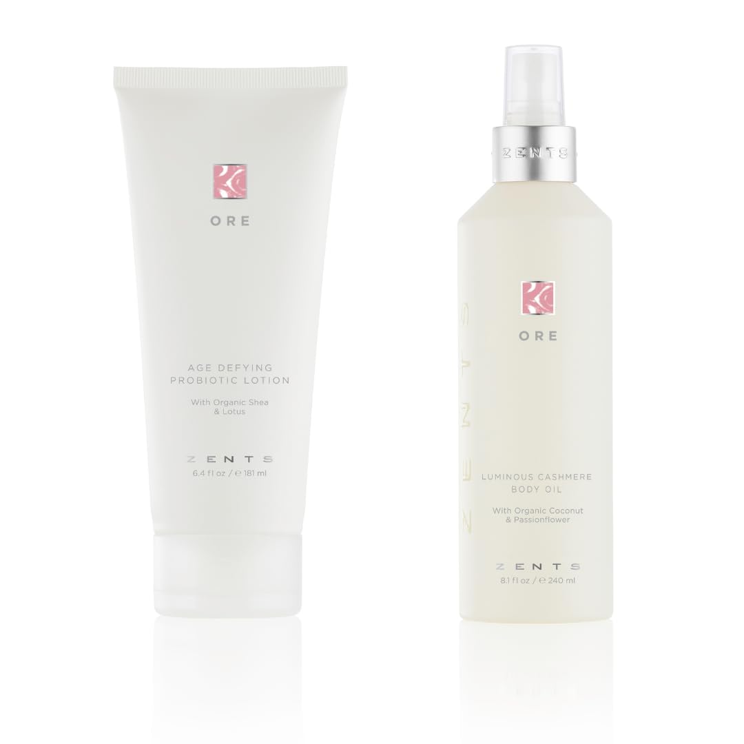 Zents Age-Defying Probiotic Lotion & Cashmere Body Oil Set (Ore Fragrance) - Hyaluronic Acid Moisturizer with Organic Shea Butter, Vitamin E & Coconut Oil - 6.4oz Lotion & 8oz Oil - Perfect for Dry Skin Care & Luxury Spa Night Routine