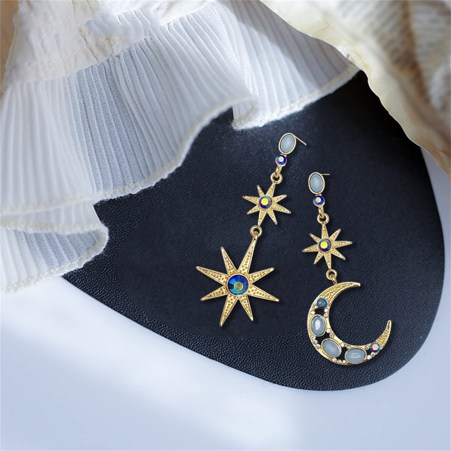 18K Gold Bohemian Crystal Moon Star Dangle Earrings for Women - Sparkly Blue Sun & Moon Drop Earrings - Perfect for Festivals, Parties & Boho Fashion Accessories