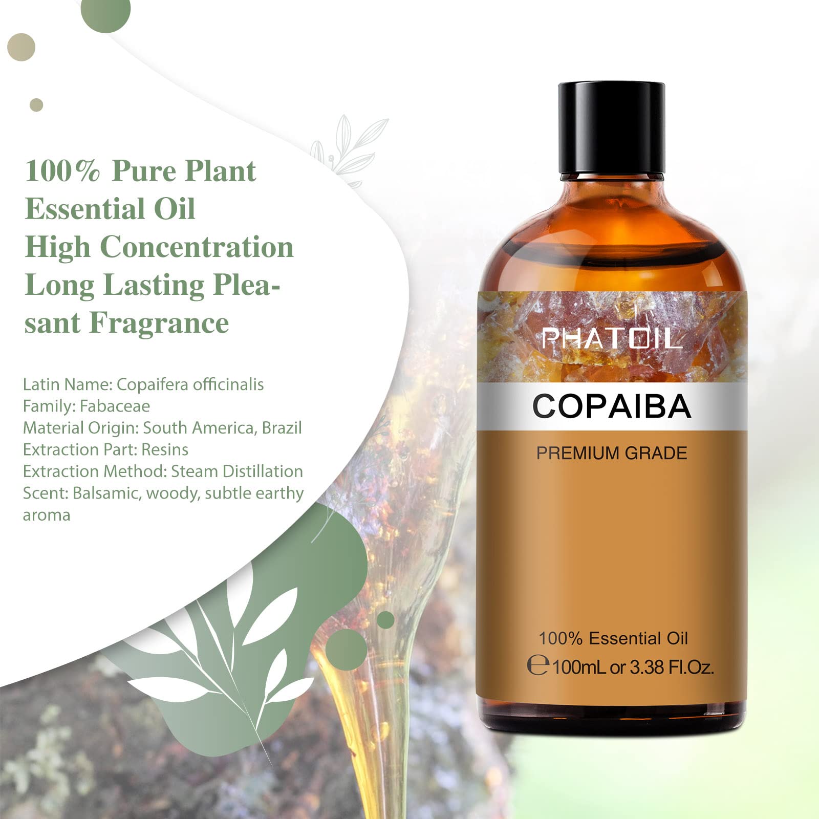 Pure Copaiba Essential Oil 3.38 fl oz (100ml) - PHATOIL Therapeutic Grade Aromatherapy Oil for Diffusers & Humidifiers - Perfect for DIY Soap Making, Candle Crafting & Bath Bombs - Relaxation, Stress Relief & Home Spa Experience