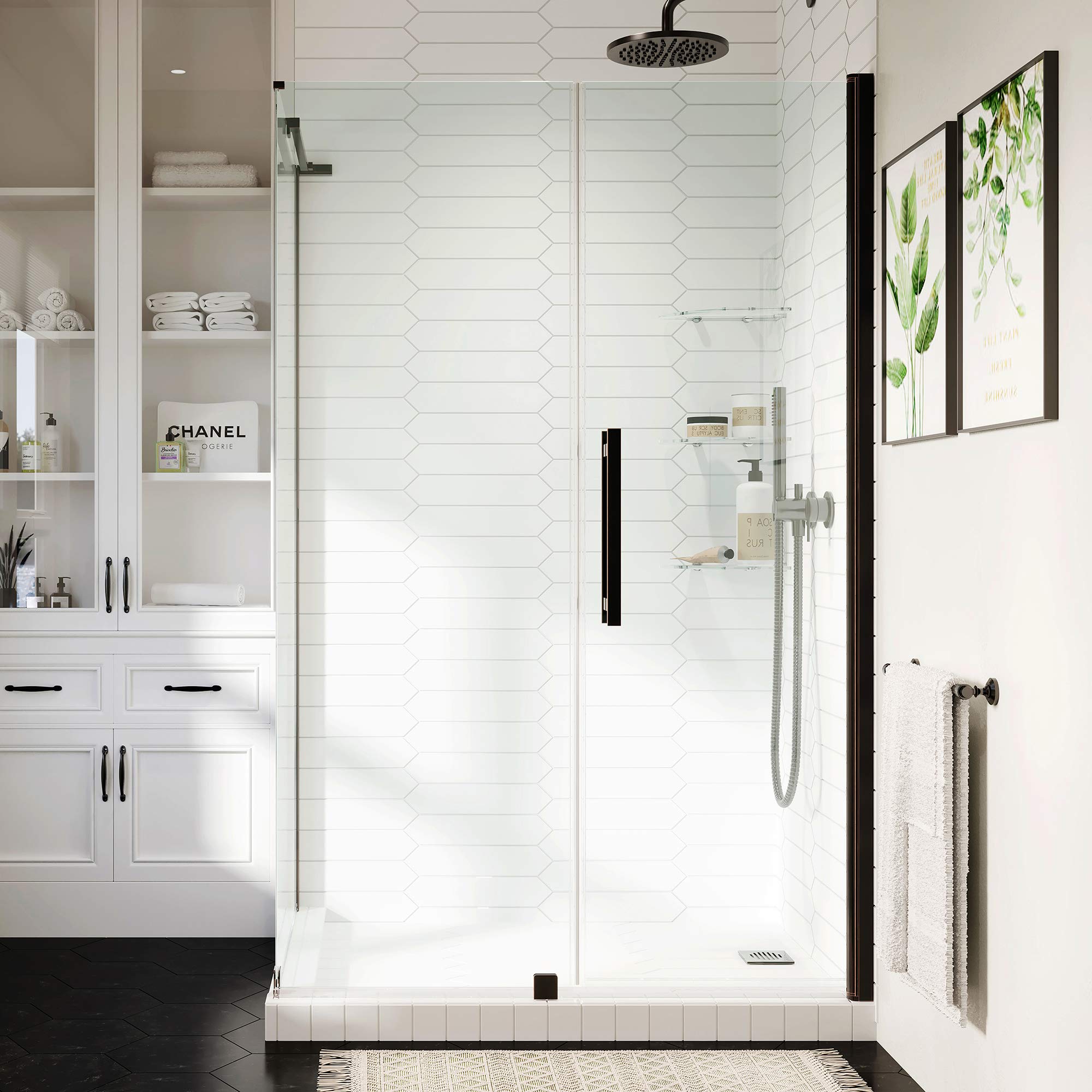 OVE Decors Pasadena Frameless Corner Shower Door 65x33 Inches - Oil Rubbed Bronze with Built-in Shelves | Bathroom Upgrade for Modern Homes (Model PA0683301)