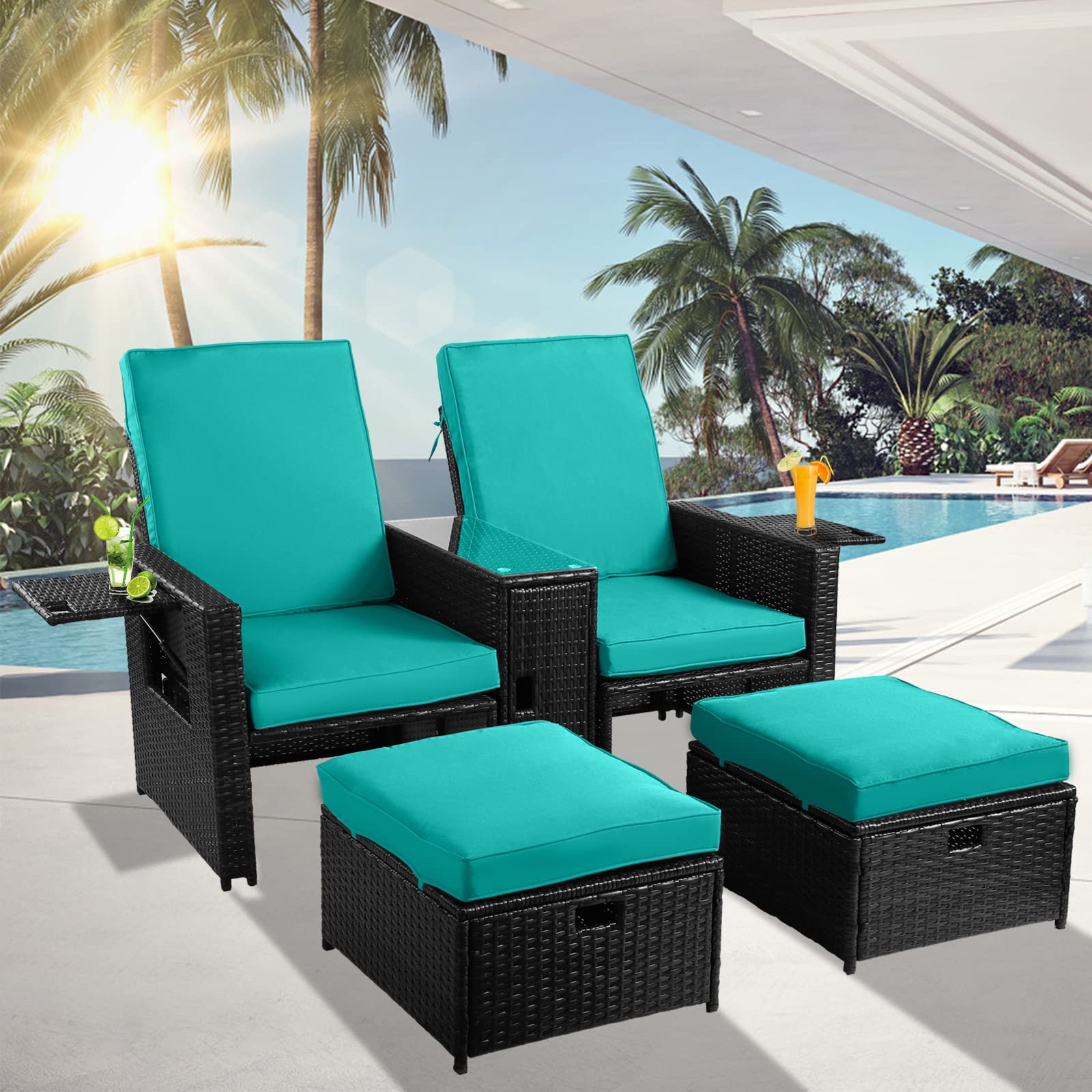 5PCS Outdoor PE Rattan Patio Furniture Set - Adjustable Backrest Loveseat Sofa, Coffee Table & Ottoman - Perfect for Garden, Beach, Poolside, Balcony, Backyard & Deck - Weather-Resistant Wicker Lounge Set for Relaxing Outdoors