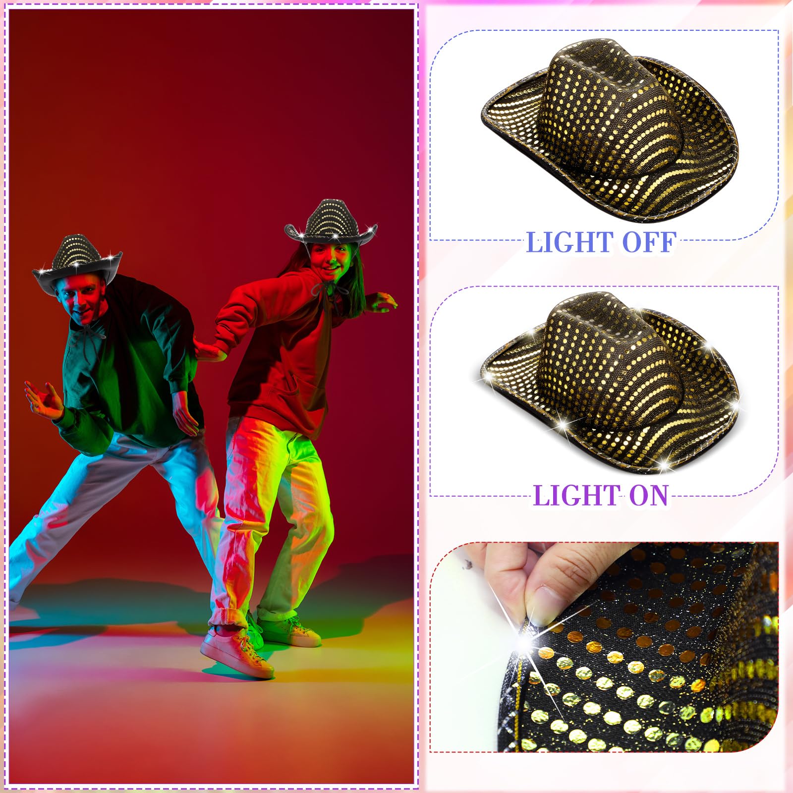 LED Cowboy Hat with Flashing Lights - 10 Pack for Western Role Play & Parties