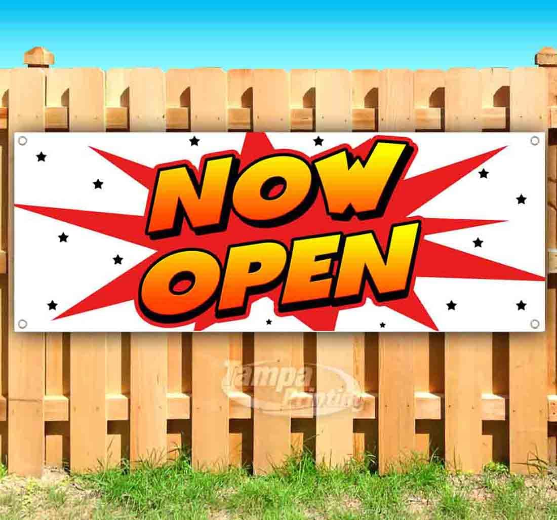 Now Open Banner 13 oz Heavy-Duty Vinyl Sign with Metal Grommets - Single-Sided Non-Fabric Business Sign for Storefronts, Grand Openings & Events