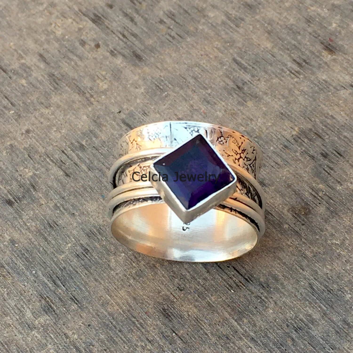 Natural Amethyst Unisex Ring - Faceted Square Spinner Ring for Stress Relief & Meditation, February Birthstone Jewelry, Anniversary & Mother's Day Gift (Size 7) - Perfect for Anxiety Relief, Mindfulness Practice & Stylish Everyday Wear