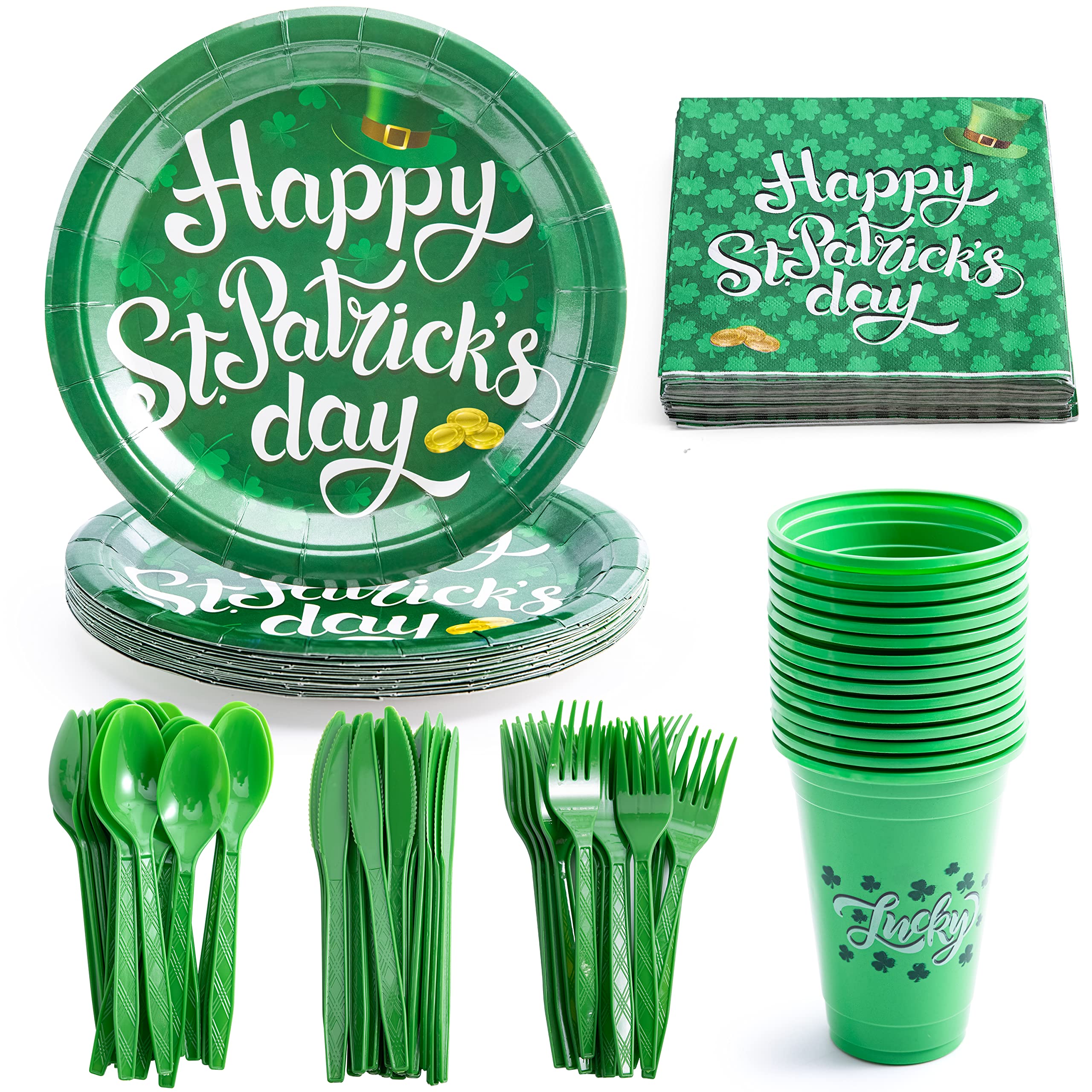 JOYIN 126PCS St. Patrick's Day Party Tableware Set - 18-Person Shamrock Themed Dinner Kit with 9-inch Plates, Cups, Napkins & Cutlery (Forks, Knives, Spoons) - Perfect for Irish Themed Parties, Holiday Celebrations & Family Gatherings