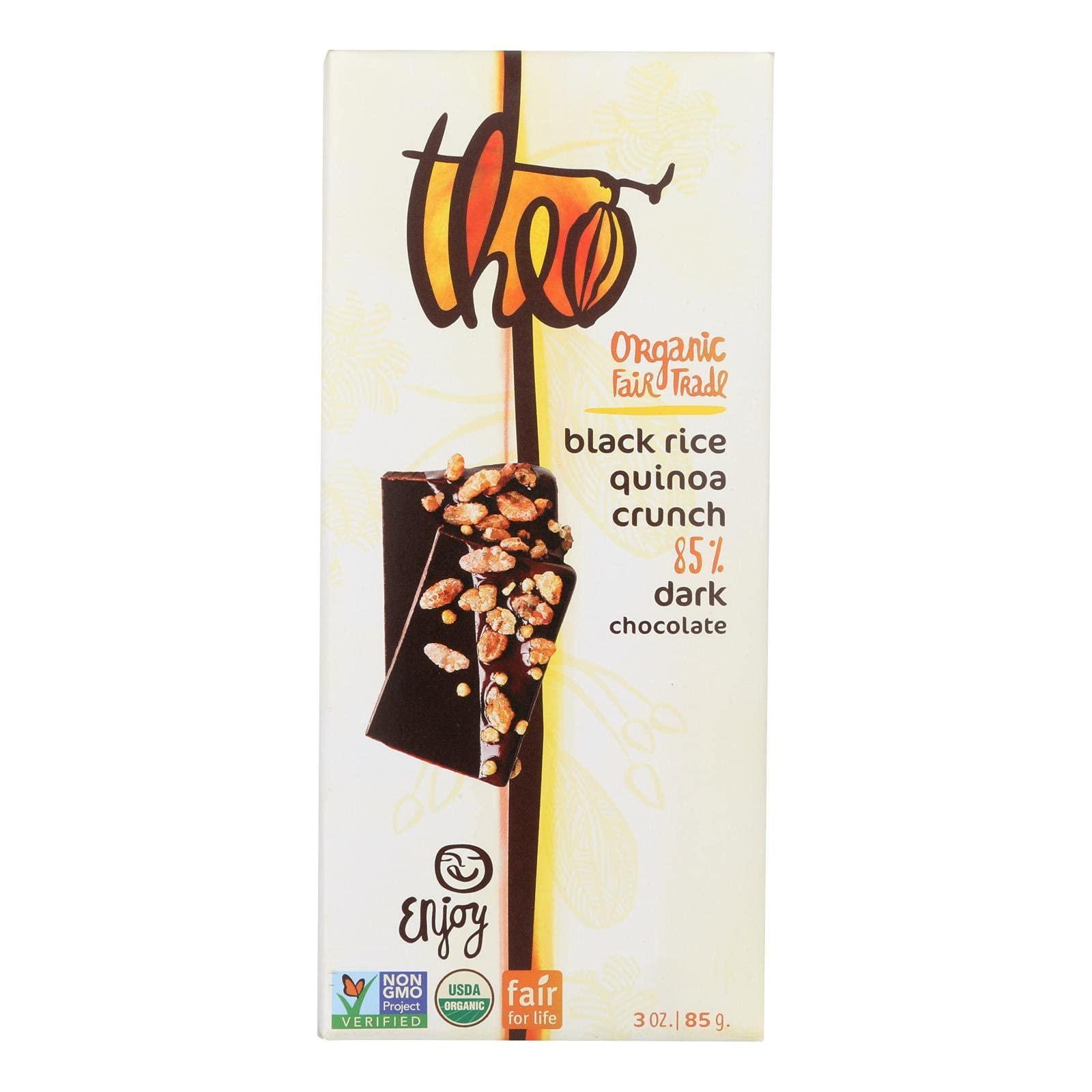Organic Theo Chocolate Dark Chocolate Bar 85% Cacao with Black Rice - Vegan, Gluten-Free, Non-GMO - Perfect for Gifts, Desserts & Healthy Snacking