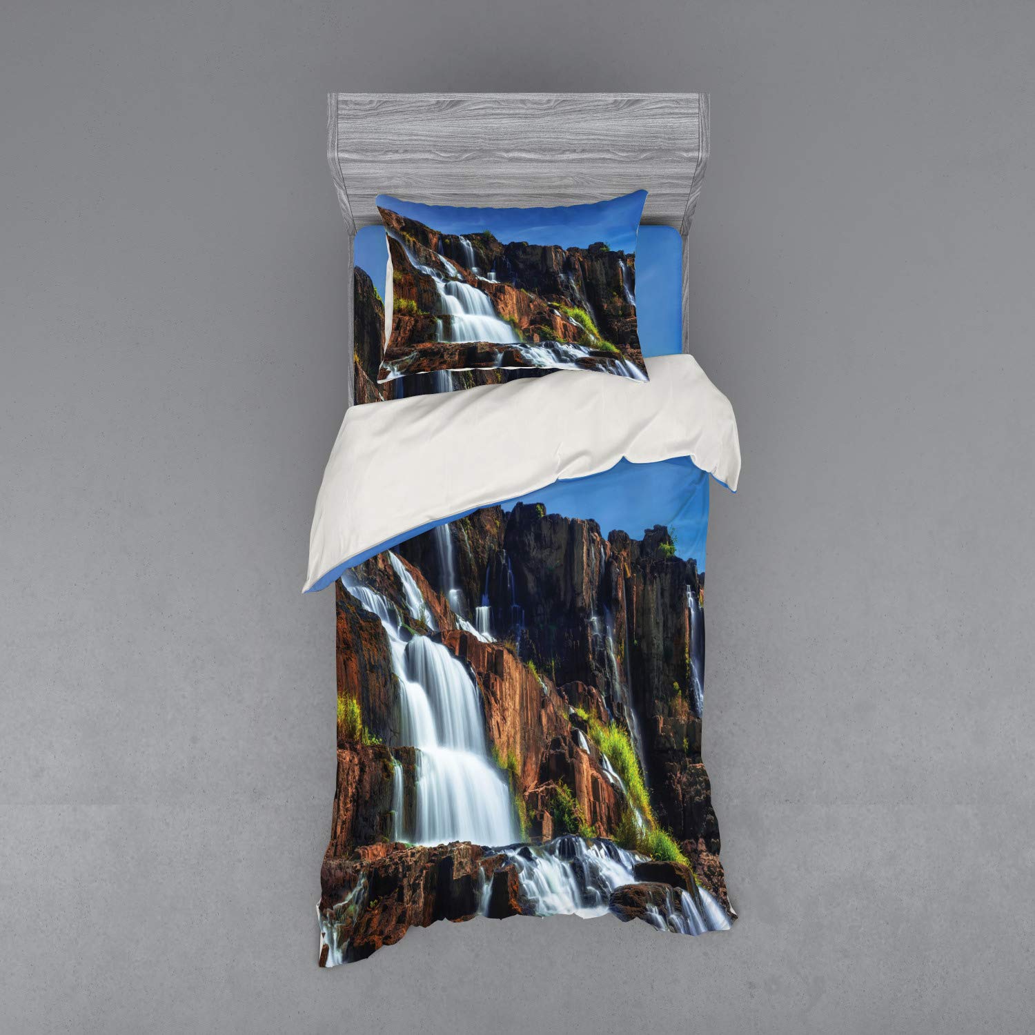 Ambesonne Rainforest Bedding Set - Exotic Waterfall Landscape Print 3-Piece Duvet Cover Set with Pillow Sham & Fitted Sheet, Twin XL Size, White & Blue - Perfect for Jungle-Themed Bedrooms, Nature Lovers' Retreats or Tropical Home Decor