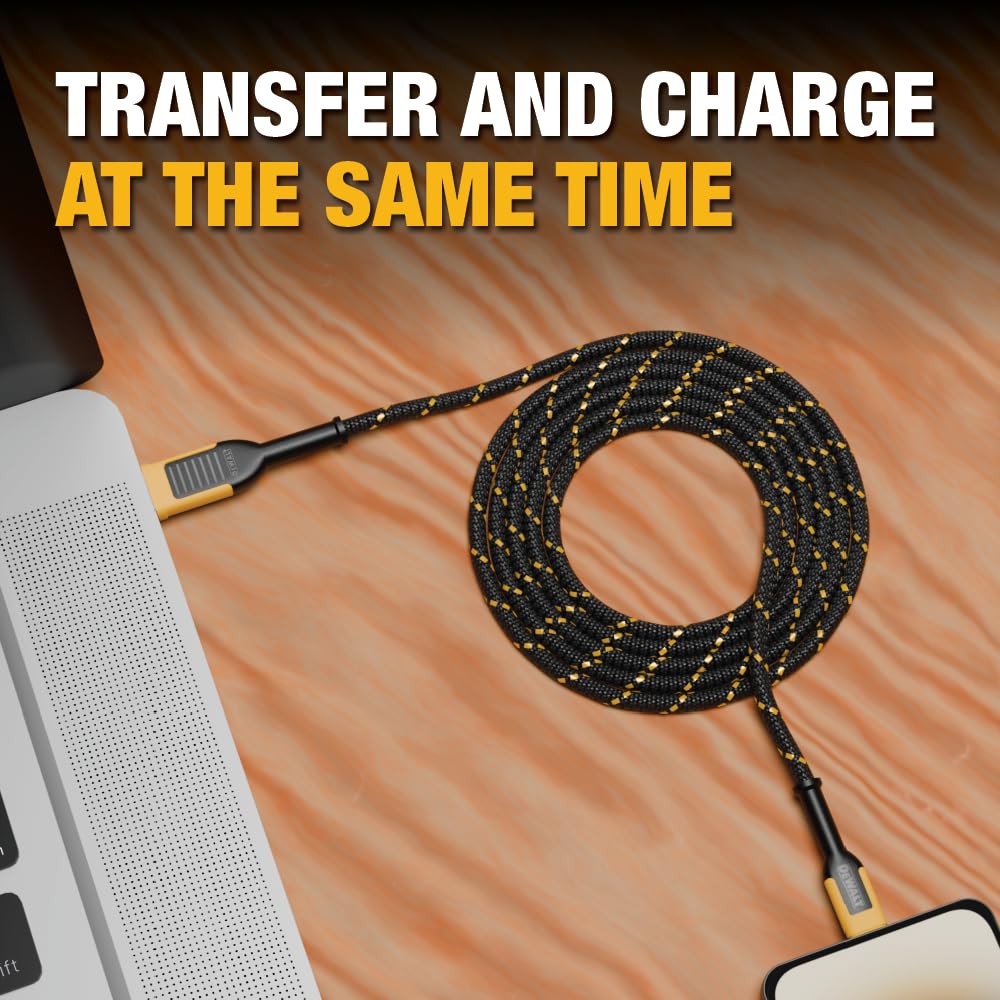 **Durable DEWALT Lightning to USB Cable - Reinforced Braided Charging Cord for iPhone 13/12/11/X/8 & More - Fast Charging & Sync (6ft, USB-A to Lightning) - Perfect for Home, Office & Travel**
