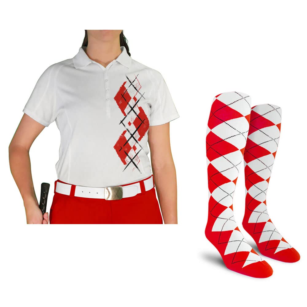 Dry Fit Short Sleeve Graphic Golf Polo Shirt with Socks for Women - Breathable Moisture-Wicking Performance Top & Comfortable Socks Set - Argyle Paradise Design (A-Z) | Perfect for Golf, Tennis, Casual Wear & Outdoor Activities
