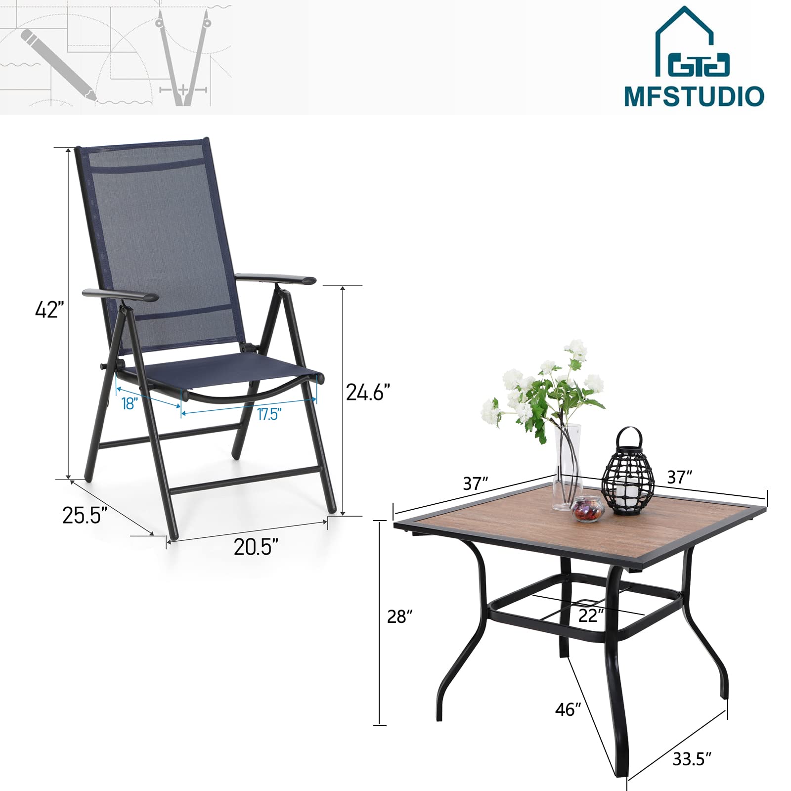 MFSTUDIO 4-Piece Outdoor Dining Set - Adjustable Aluminum Folding Chairs & Weather-Resistant Wood-Like Table - Patio Furniture for Backyard, Garden, Poolside or Balcony Dining
