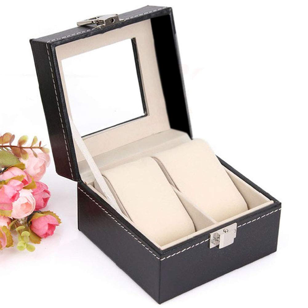 Teensery 2-Slot Black Leather Watch Box with Glass Top - Stylish Watch Storage Case & Jewelry Organizer for Men and Women - Perfect for Travel, Home Display, and Gift Giving
