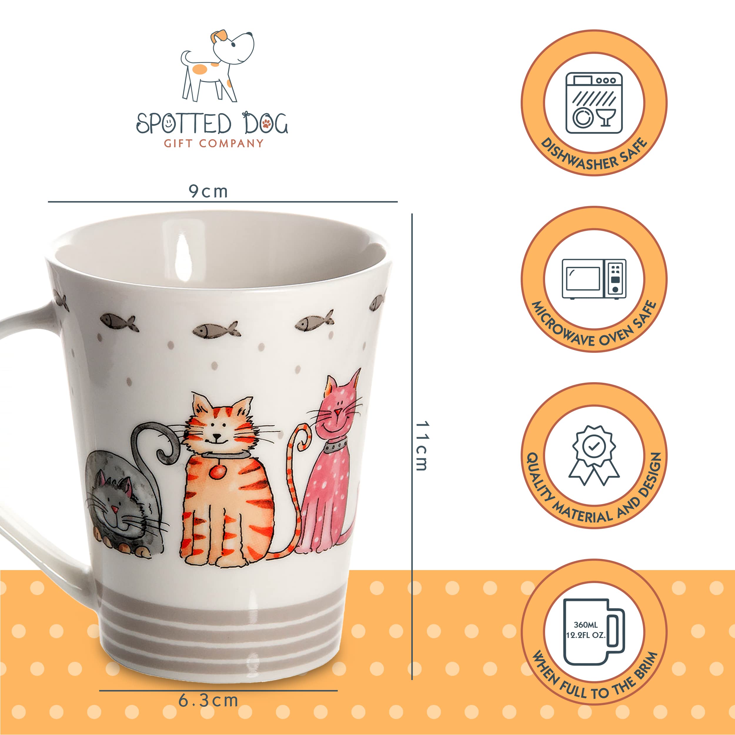 SPOTTED DOG GIFT COMPANY Cat Lovers Coffee Mug Set of 4 - Cute Happy Cat Themed Ceramic Tea Cups (360ml/12.2oz) - Perfect Gift for Women, Men & Kids Who Love Cats - Ideal for Coffee, Tea & Hot Drinks at Home or Office