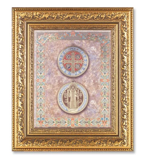 St. Benedict Medal Framed Wall Art - Large Gold Leaf Acanthus Carved Ornate Picture Frame for Home, Office & Church Decor | Religious Gift & Spiritual Protection