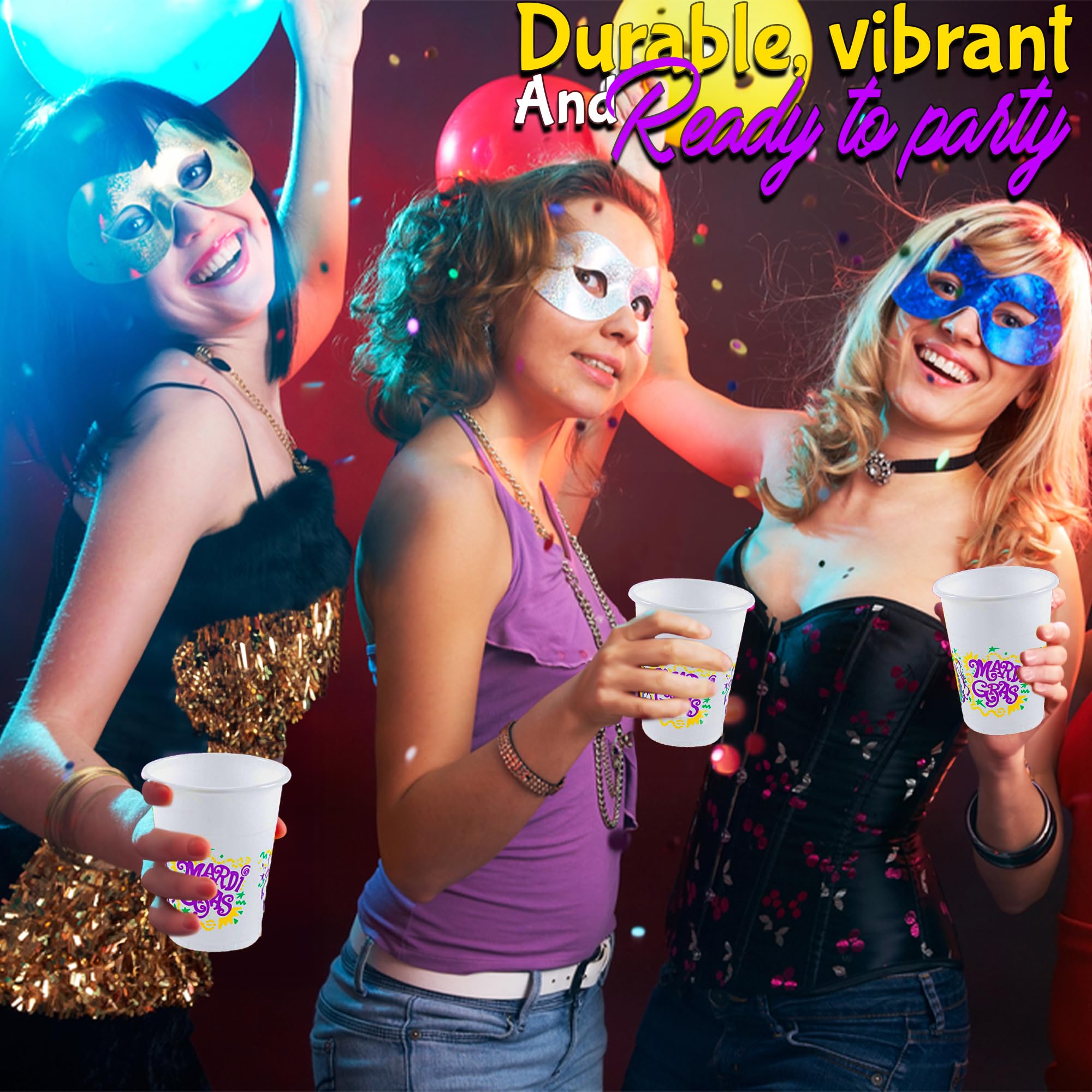 Fun Express Bulk Mardi Gras Plastic Cups - 400 Pieces Colorful Party Cups for Carnival, New Orleans Themed Events & Festive Celebrations - Durable Disposable Drinkware for Parades, Weddings, Birthdays and Office Parties