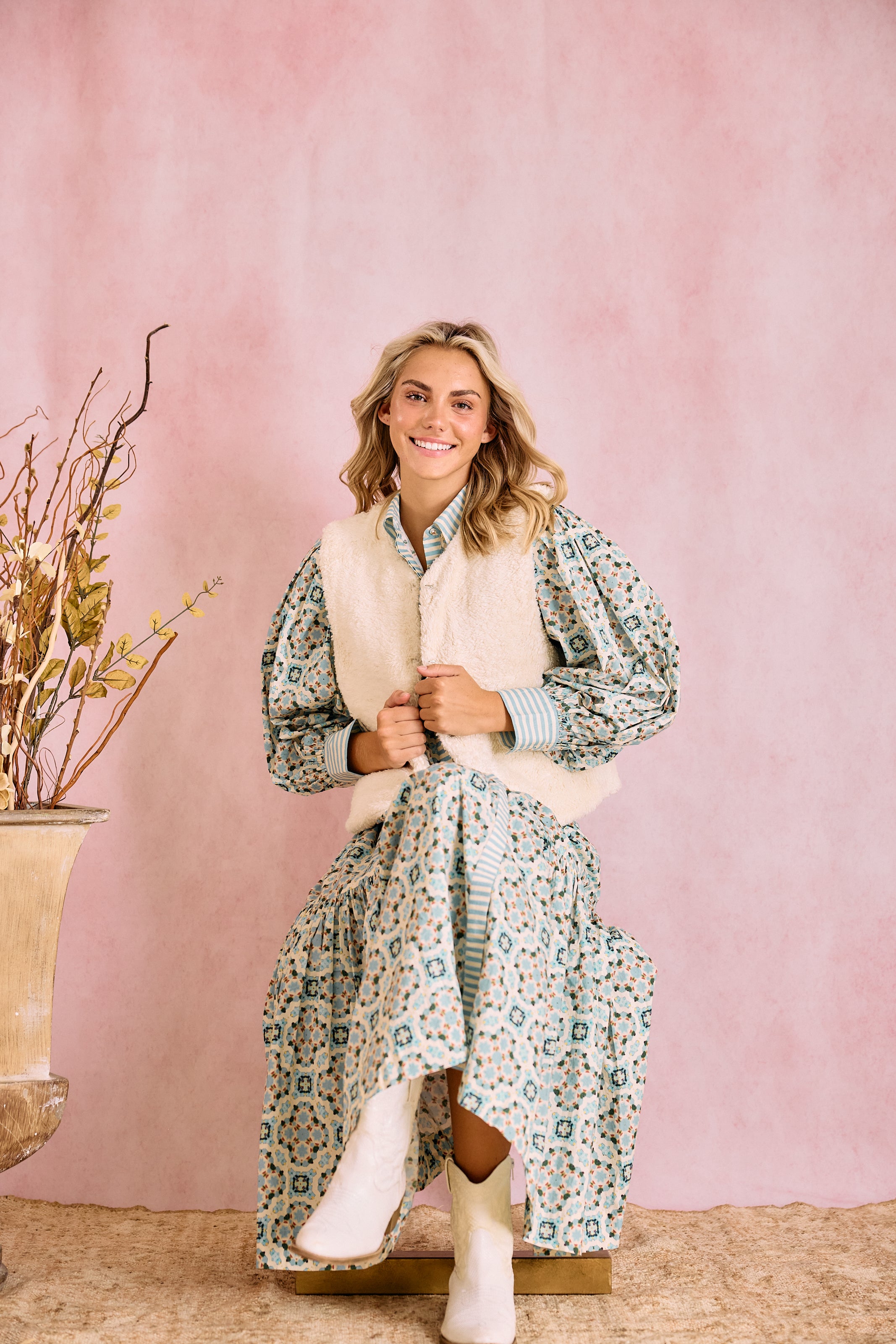 Laura Long Sleeve Quatrefoil Print Dress in Blue & Ivory - Elegant Office Wear & Casual Party Outfit