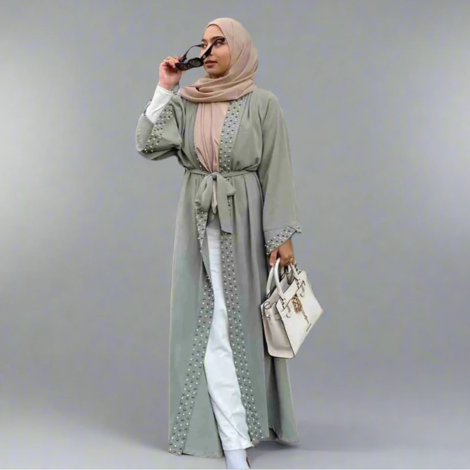 Elegant Beaded Open Abaya Dress for Women - Modest Muslim Fashion with Handcrafted Beadwork - Perfect for Eid, Weddings & Special Occasions