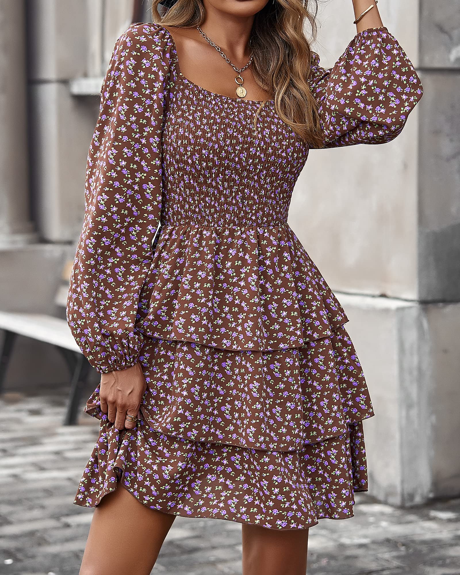 BTFBM Women's Floral Swiss Dot Smocked Mini Dress - Square Neck, Long Sleeve Boho Wedding Guest Dress for Spring & Summer 2025 | Perfect for Garden Parties, Bridal Showers & Casual Outings