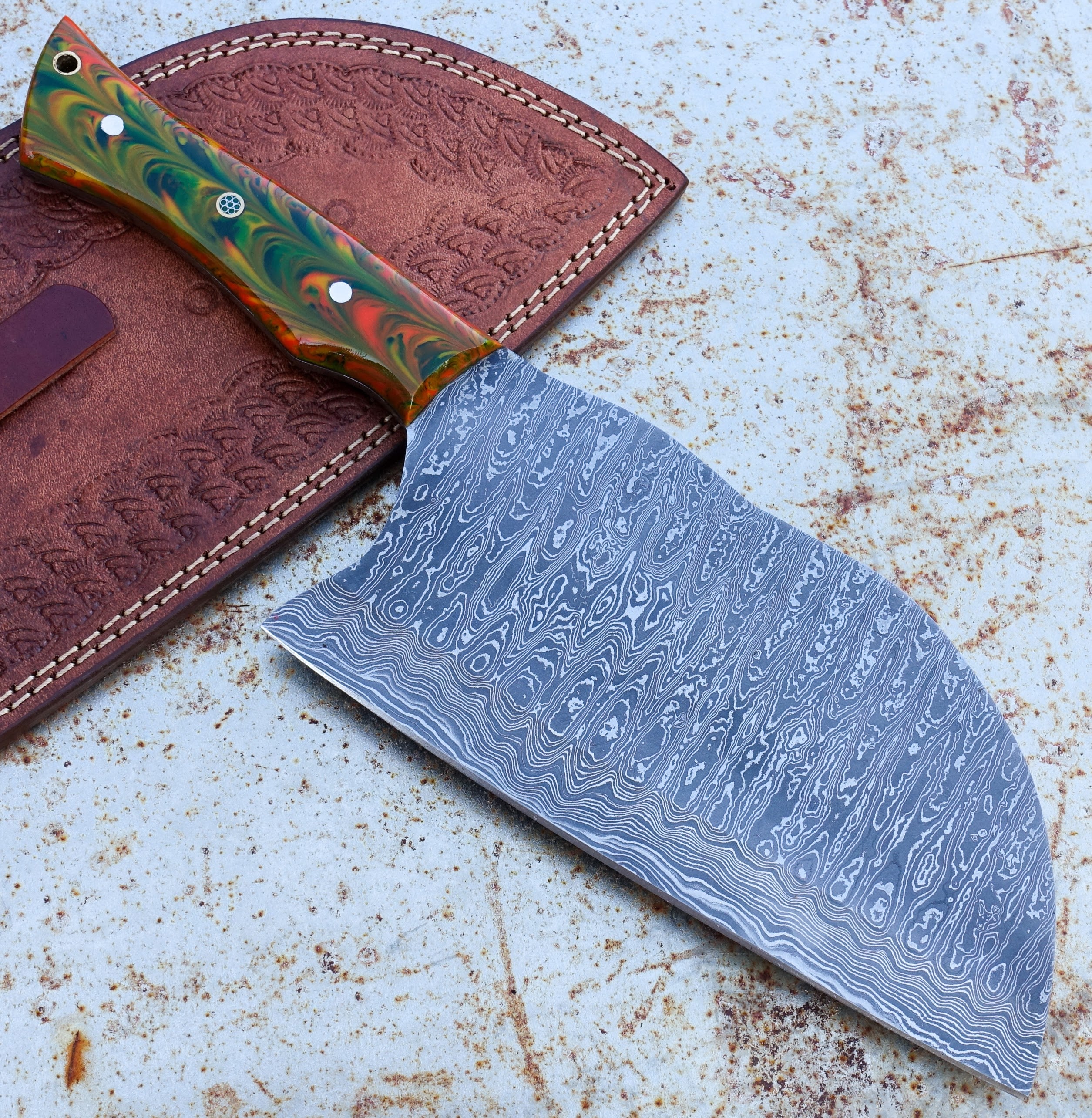 Premium HK Knives 7-Inch Damascus Steel Cleaver with Leather Sheath - Professional Chef Knife for Meat Cutting, Vegetable Chopping & Outdoor Cooking