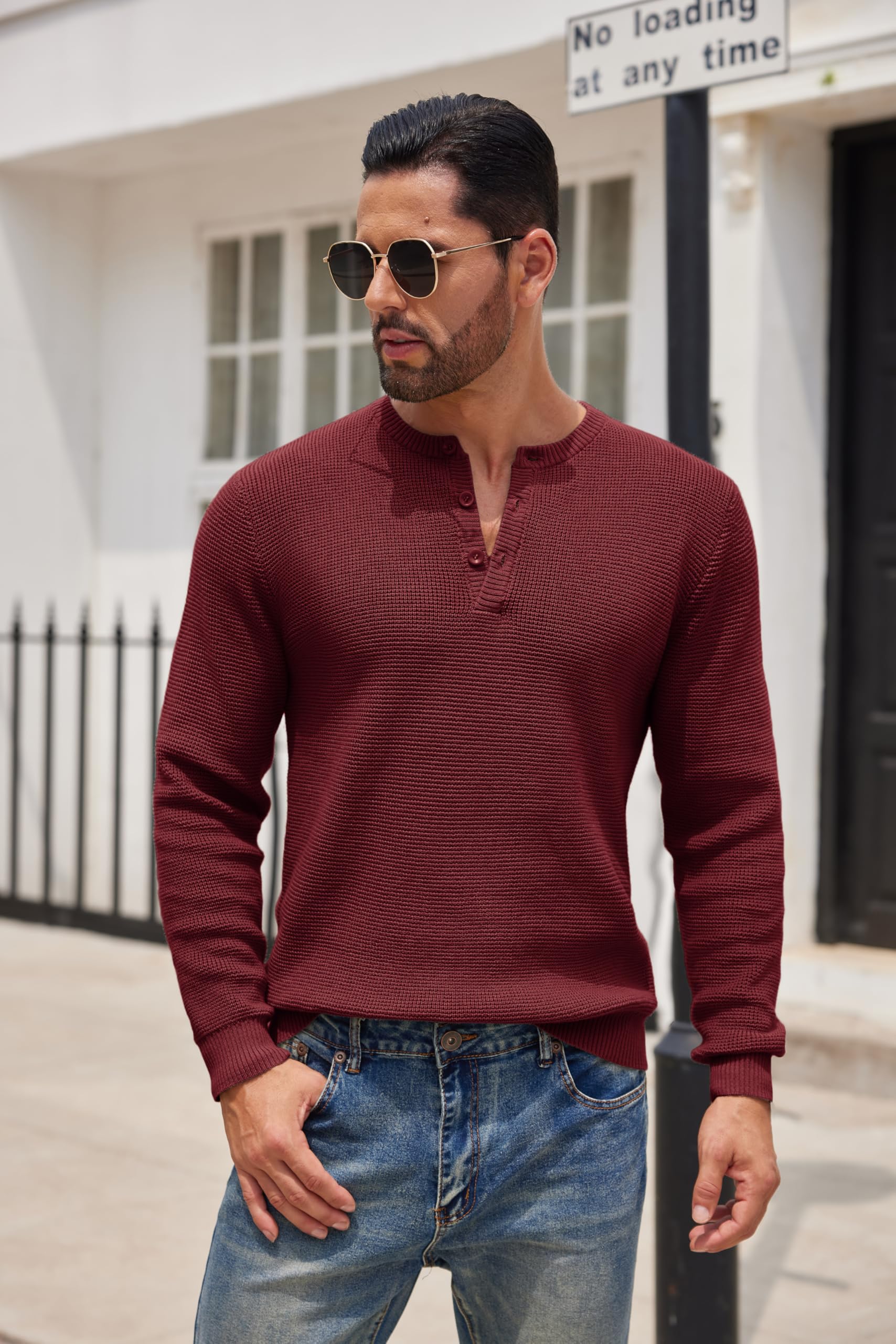 COOFANDY Men's Henley Knit Sweater - Long Sleeve Button Pullover with Waffle Texture | Casual Fashion Sweater for Men | Perfect for Fall, Winter & Date Nights