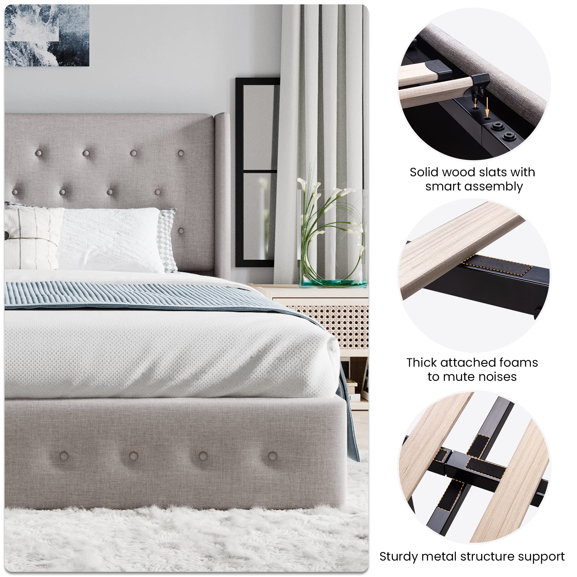 Queen Size Lift Up Storage Bed with Button Tufted Wingback Headboard - Hydraulic Storage Platform Bed Frame, No Box Spring Needed, Wood Slats Support in Light Beige | Perfect for Small Space Bedrooms, Guest Rooms & Modern Apartments