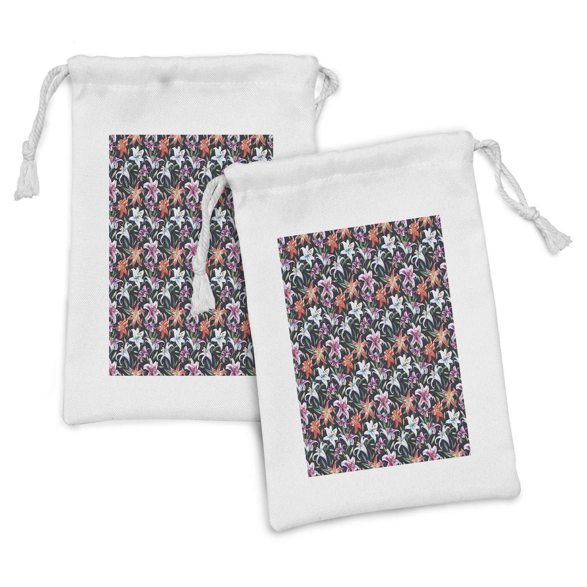 Ambesonne Floral Fabric Pouch Set of 2 - Watercolor Tropical Lily Drawstring Bags for Toiletries, Makeup & Travel Accessories | 9