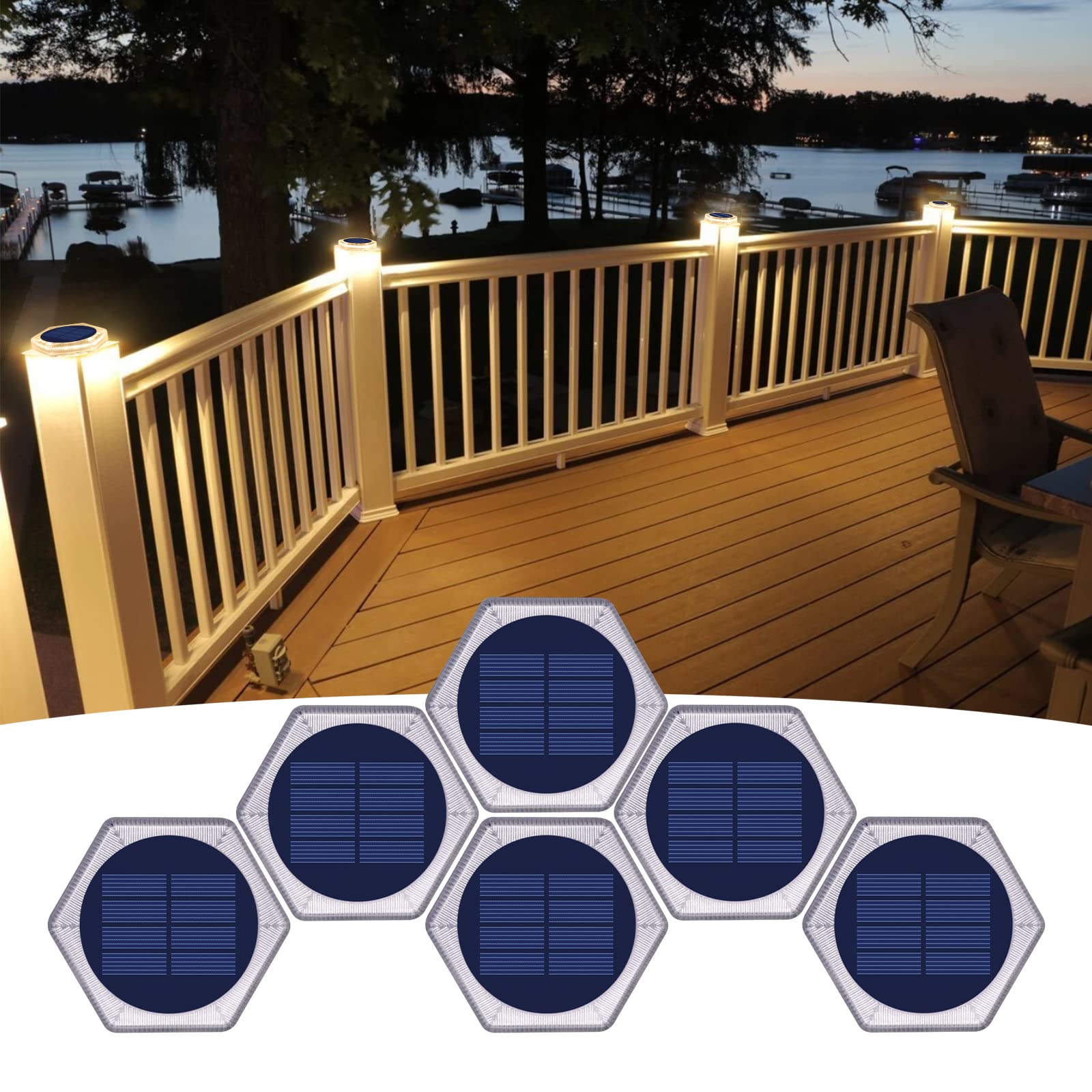 YiLaie 6-Pack Hexagon Solar Deck Lights - Waterproof Outdoor Solar Step Lights for Driveway, Fence, Stairs, Yard, Patio, Pathway & Porch - Warm White LED Solar Powered Lights for Nighttime Safety & Ambiance