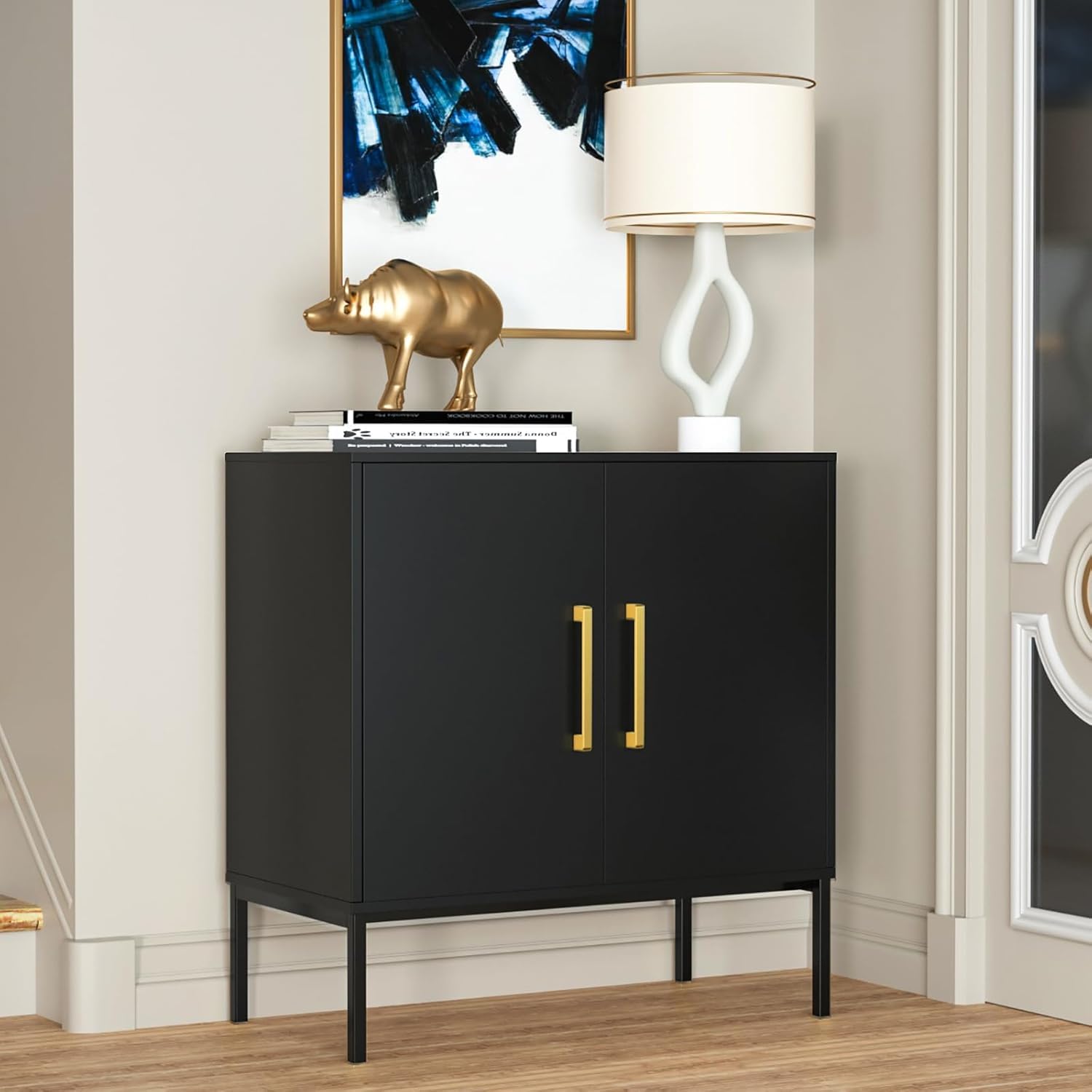 JOZZBY Modern Wooden Buffet Cabinet with Storage - 2-Door Free Standing Sideboard with Adjustable Shelves, Black Accent Cabinet for Living Room, Kitchen, Hallway - Perfect for Dining Room Storage, Entryway Organization & Home Decor