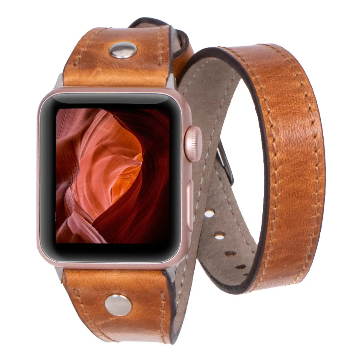 Camel Brown Leather Double Tour Slim Apple Watch Band with Silver Rivet - Stylish & Durable Replacement Strap for Work, Travel & Everyday Wear