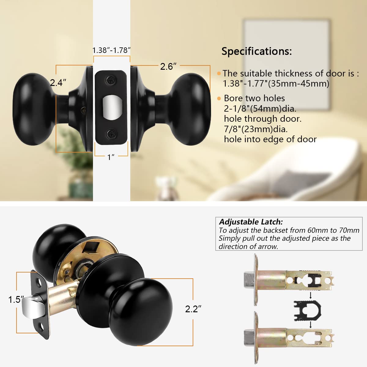 Probrico 10-Pack Matte Black Interior Door Knobs - Passage Door Handles for Closet & Hallway | Universal Design for Bedroom, Bathroom & Office Doors