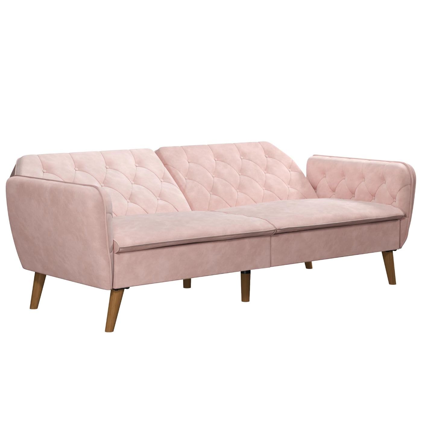 Novogratz Tallulah Convertible Memory Foam Futon Couch - Pink Velvet Sofa Bed for Small Spaces, Guest Room & Dorm | Comfortable Sleeper for Living Room, Apartment & Studio