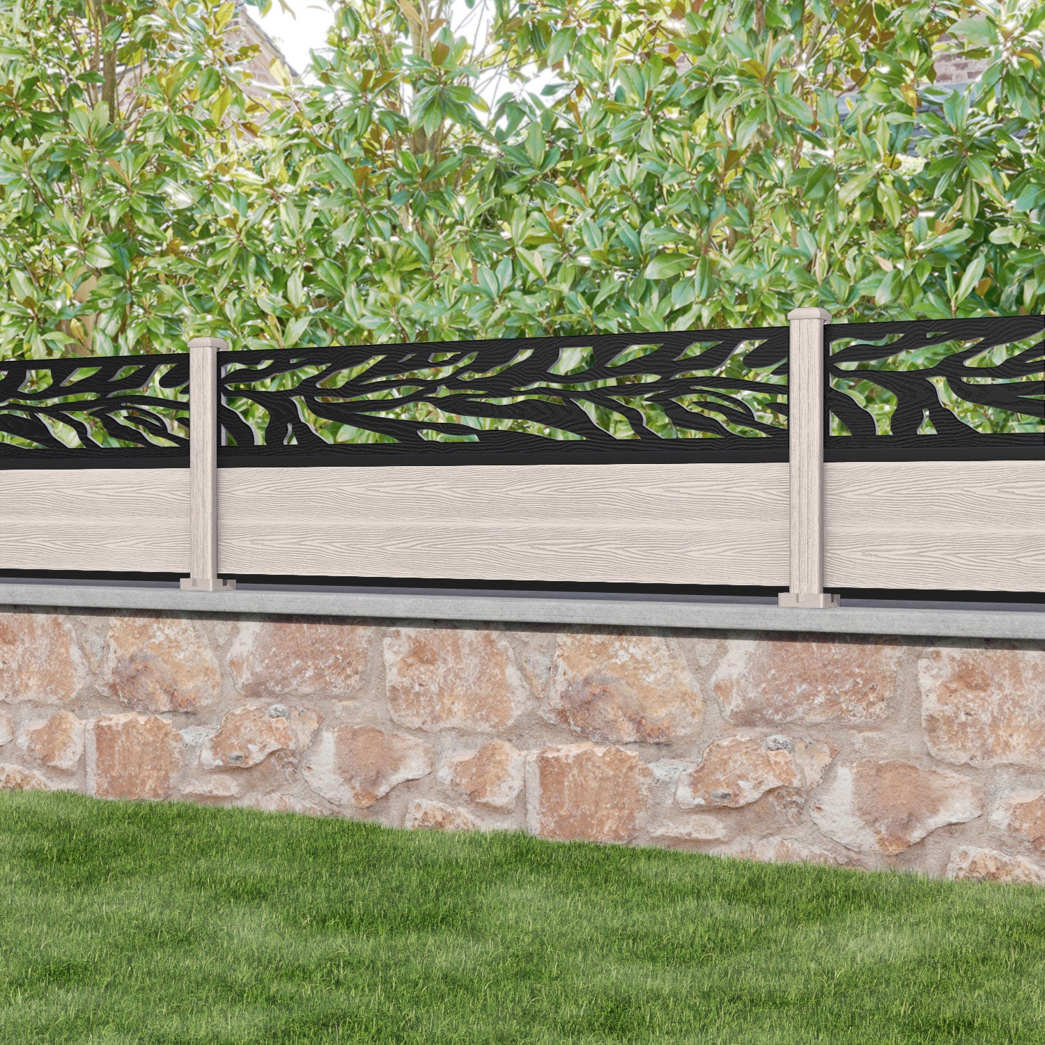 Classic Malawi Fence Panel - Mid Stone Color with Composite Posts | Durable Privacy Fence for Backyard, Garden & Pool Areas