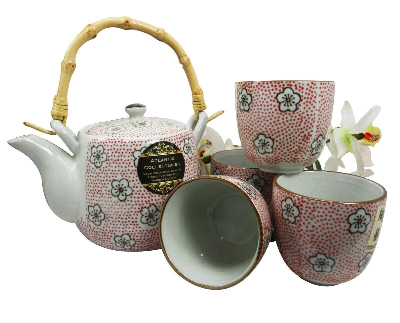 HomDEc Japanese Red Cherry Blossom 20oz Ceramic Tea Set with 4 Cups - Traditional Japanese Tea Ceremony Pot for Matcha, Green Tea & Herbal Tea - Perfect for Home, Office & Gift Giving