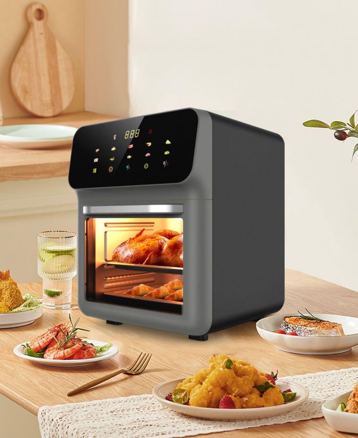 15L Air Fryer Rotisserie Oven with Smart Thermometer - 1350W Powerful Small Family Size Countertop Oven, 2 Rack Positions & Precise 32-392°F Temp Control - Perfect for Roasting Chicken, Baking, and Healthy Frying in Your Kitchen