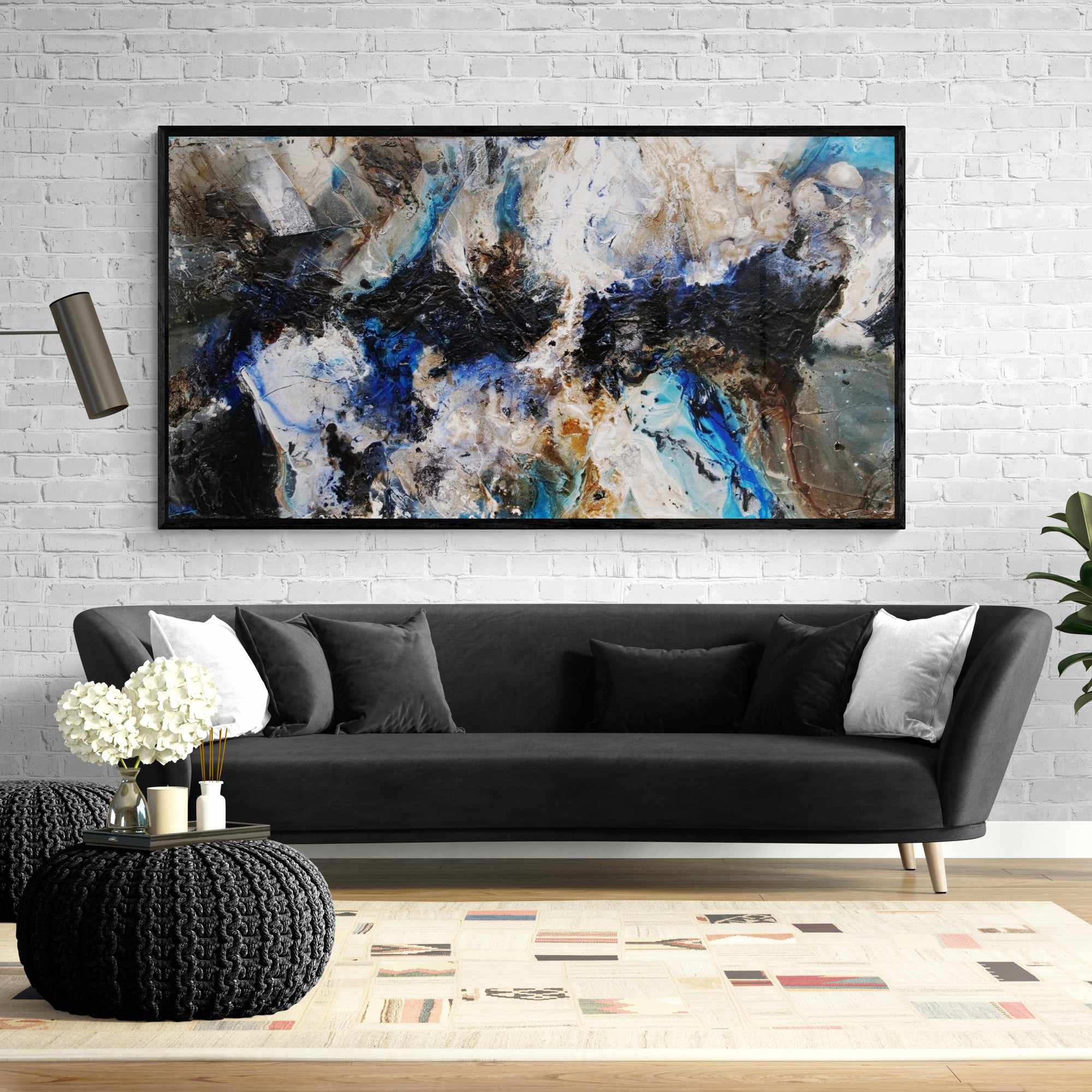 Blue Rust Black Textured Abstract Painting - 190cm x 100cm Large Modern Wall Art for Living Room, Bedroom & Office Decor | Slated Rapture Canvas