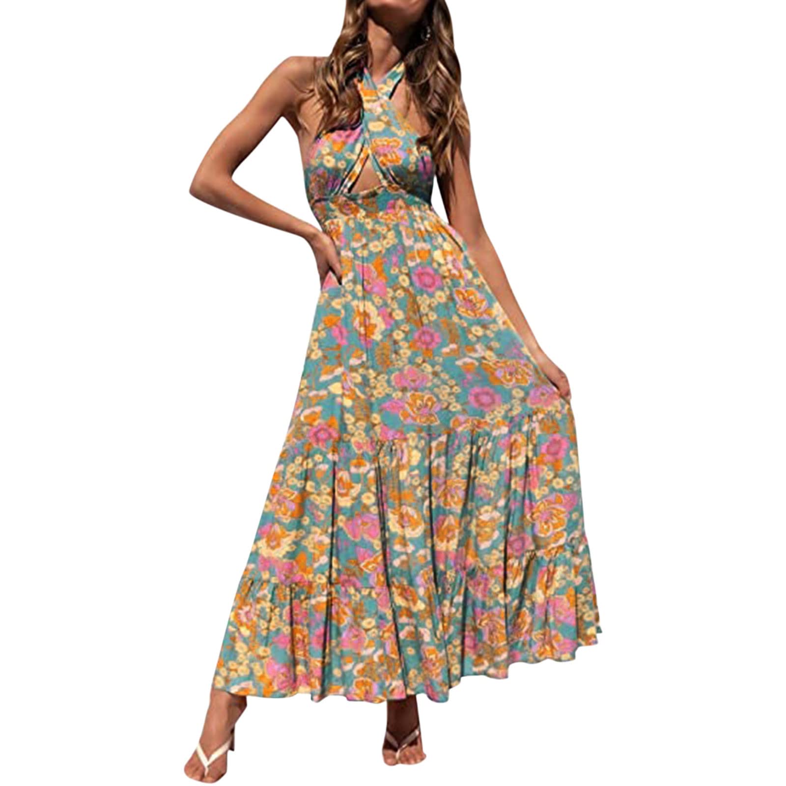 Women's Floral Print Halter Neck Sleeveless Maxi Dress - Backless Cut Out Design, A-Line Flowy Summer Dress by Lost Ink | Perfect for Beach Vacations, Date Nights & Summer Parties