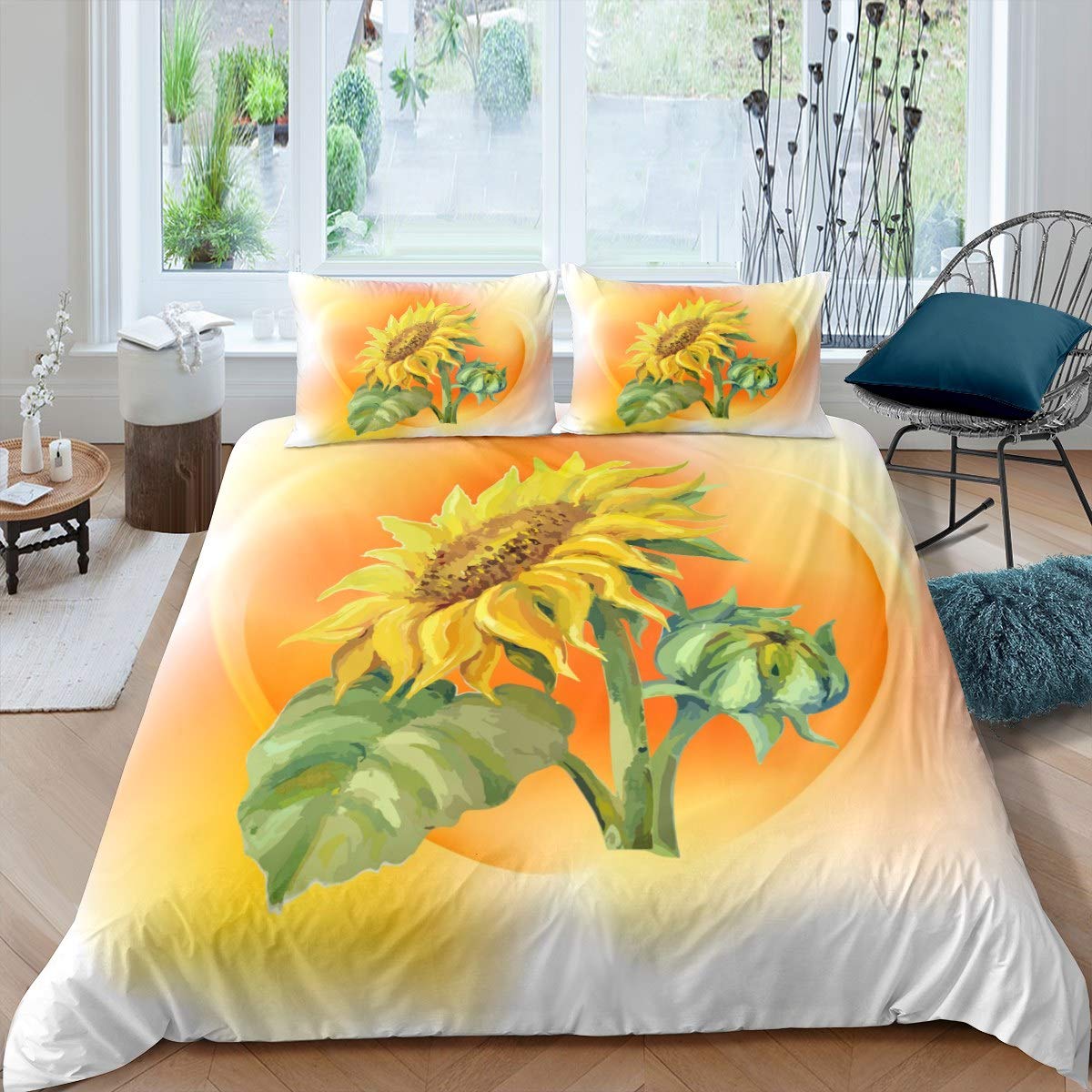 Feelyou Sunflower Duvet Cover Set - Floral Print Twin Size Bedding for Girls & Women | Botanical Blossom Pattern Comforter Cover with Orange Flowers | 2-Piece Kids Bedroom Decor for Cozy Sleep & Boho Chic Style