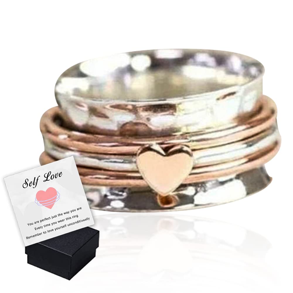 Self Love Spinner Heart Ring - Silver Anxiety Relief Fidget Ring for Women & Girls | Stress Relief, Meditation Jewelry | Perfect for Office, School & Daily Wear (Size 9)