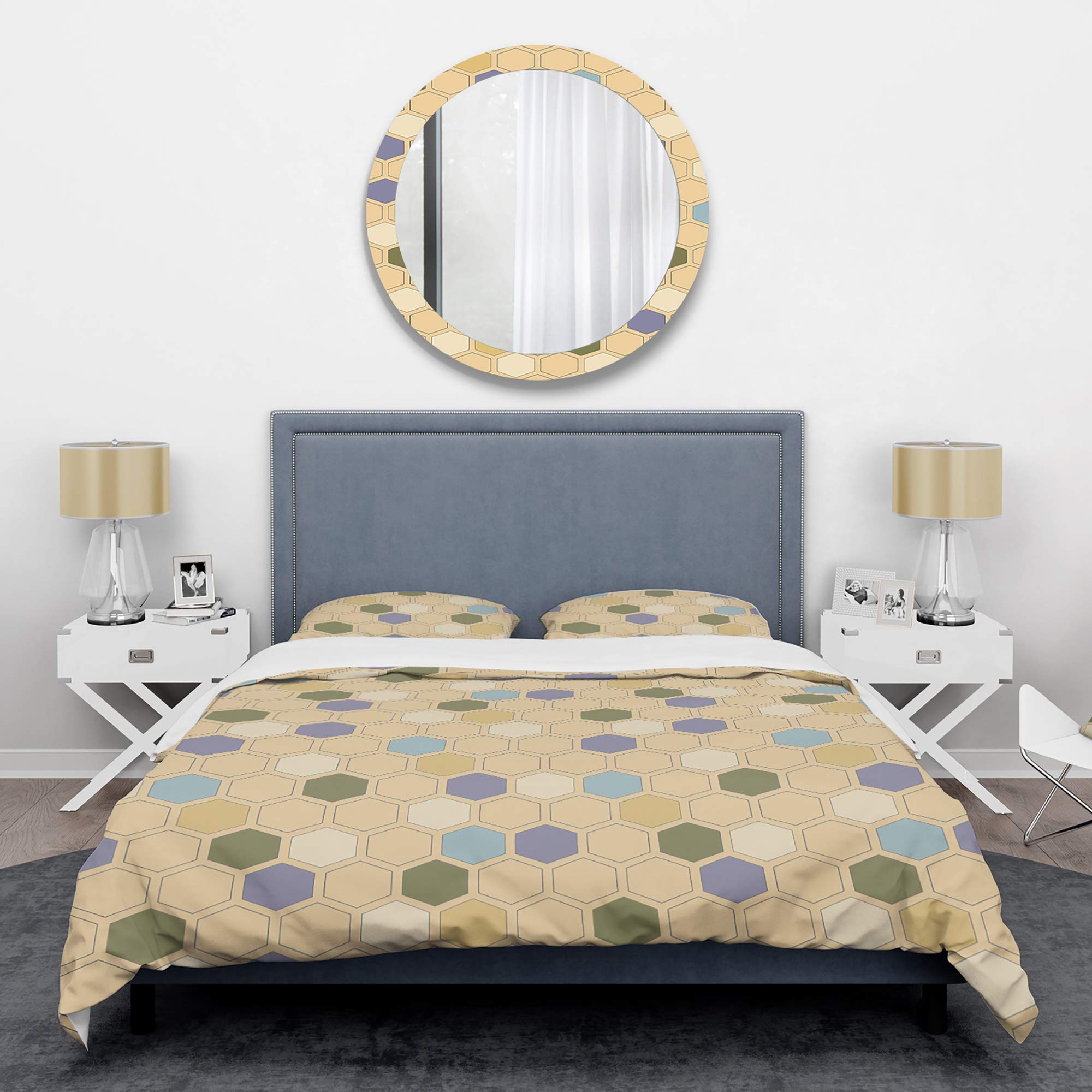 Retro Hexagon Pattern Mid-Century Modern Duvet Cover Set - Queen Size Green Bedding (3-Piece) | All Season Comfort for Vintage Inspired Bedrooms & Guest Rooms