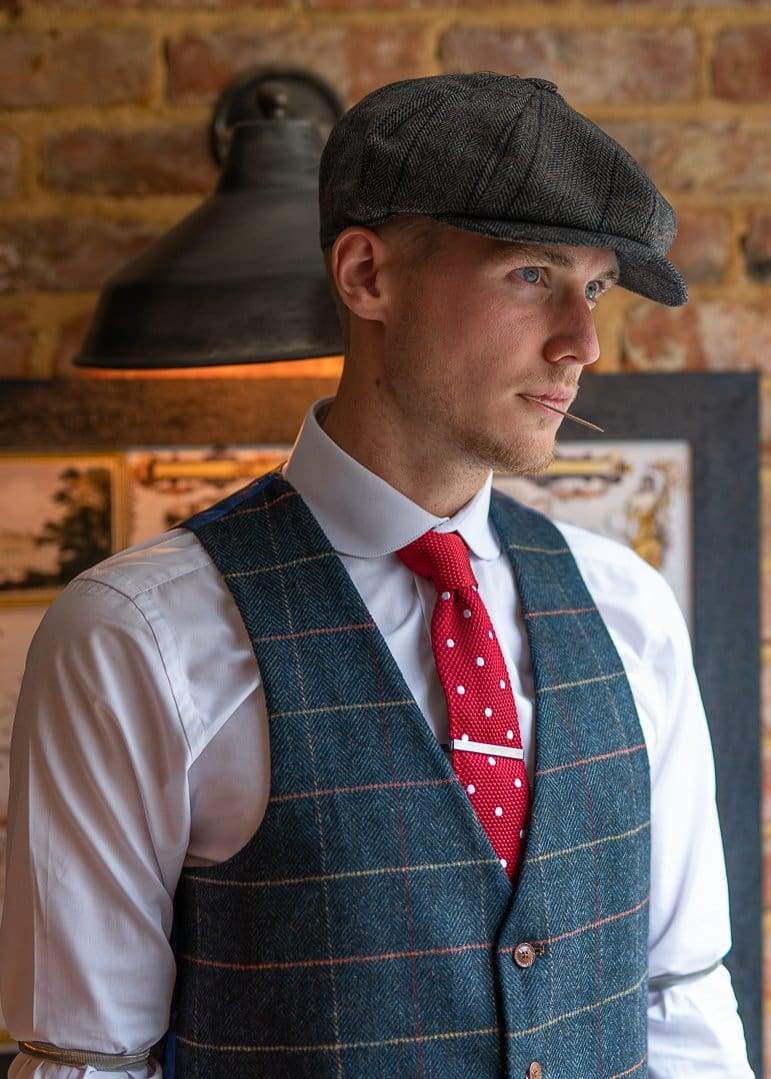 Marc Darcy Eton Men's Blue Slim Fit Tweed Check Suit Waistcoat Vest - Formal Business Attire for Weddings, Office & Special Occasions