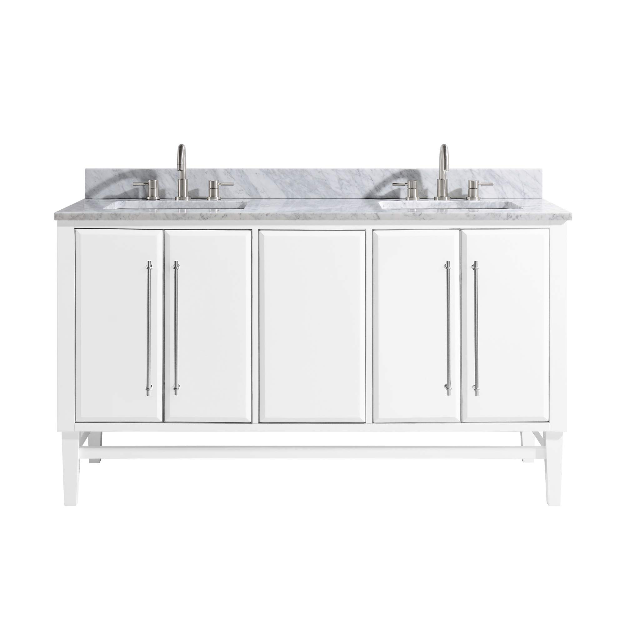 61-Inch White Bathroom Vanity Set with Silver Trim & Carrara White Marble Top - Modern Double Sink Vanity for Master Bathroom Remodel
