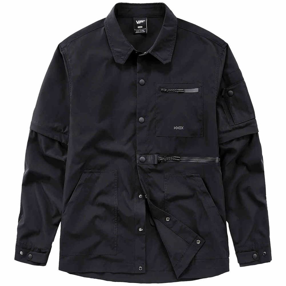 Black Cargo Shirt for Men - Long Sleeve Tactical Shirt with Removable Sleeves | Hip Hop Streetwear & Techwear Style | Perfect for Outdoor Adventures, Urban Fashion & Military Inspired Looks