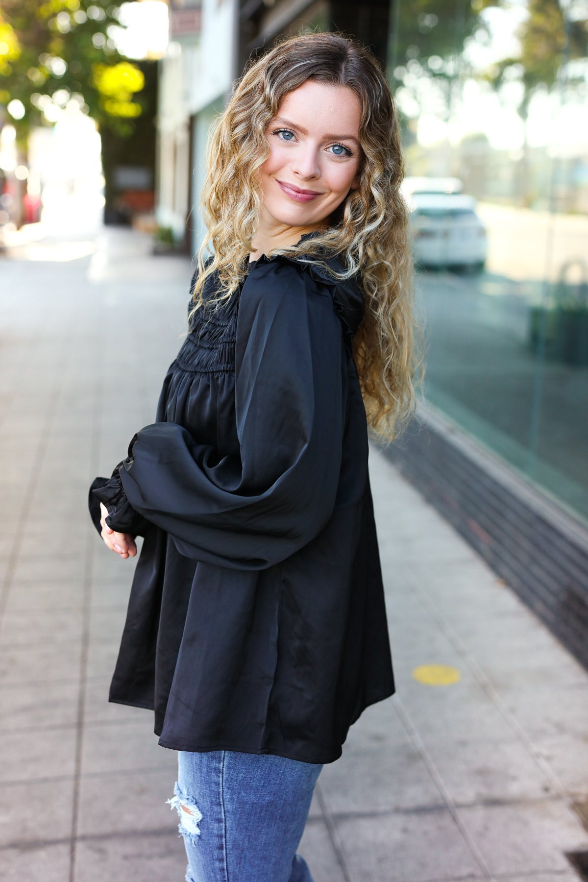 Black Satin Shirred Yoke Frilled Mock Neck Top for Women - Elegant Party & Evening Wear