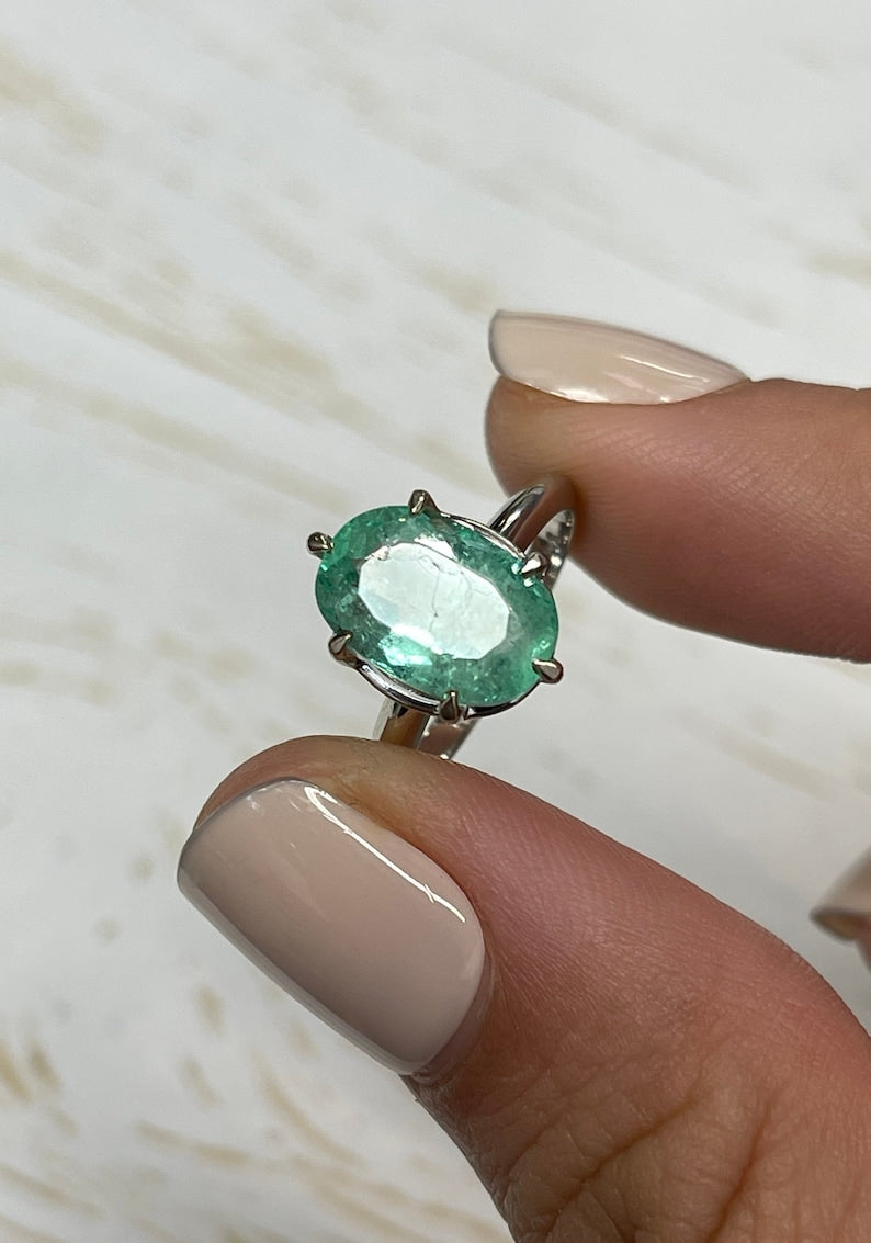 3.55ct Oval Cut Emerald Solitaire Ring in 14K White Gold with 6 Prong Setting - Perfect for Engagement, Wedding & Anniversary Gifts