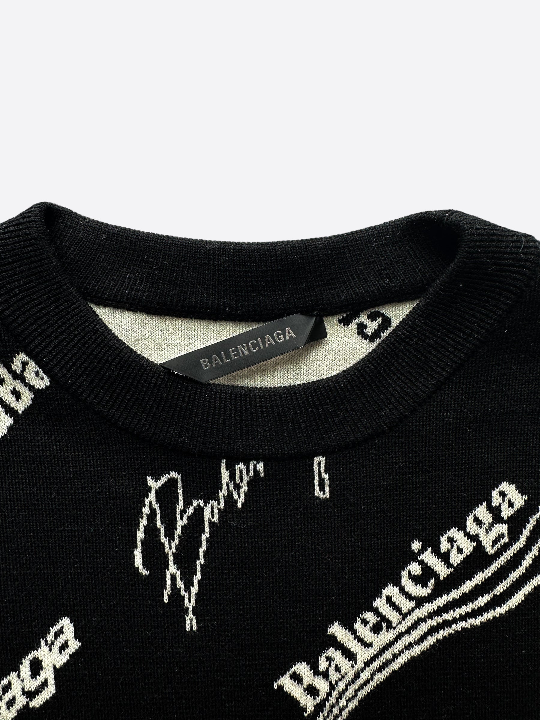 Balenciaga Black & White Logomania All Over Knit Sweater for Men & Women | Luxury Designer Pullover | Perfect for Casual Wear, Street Style & Winter Fashion