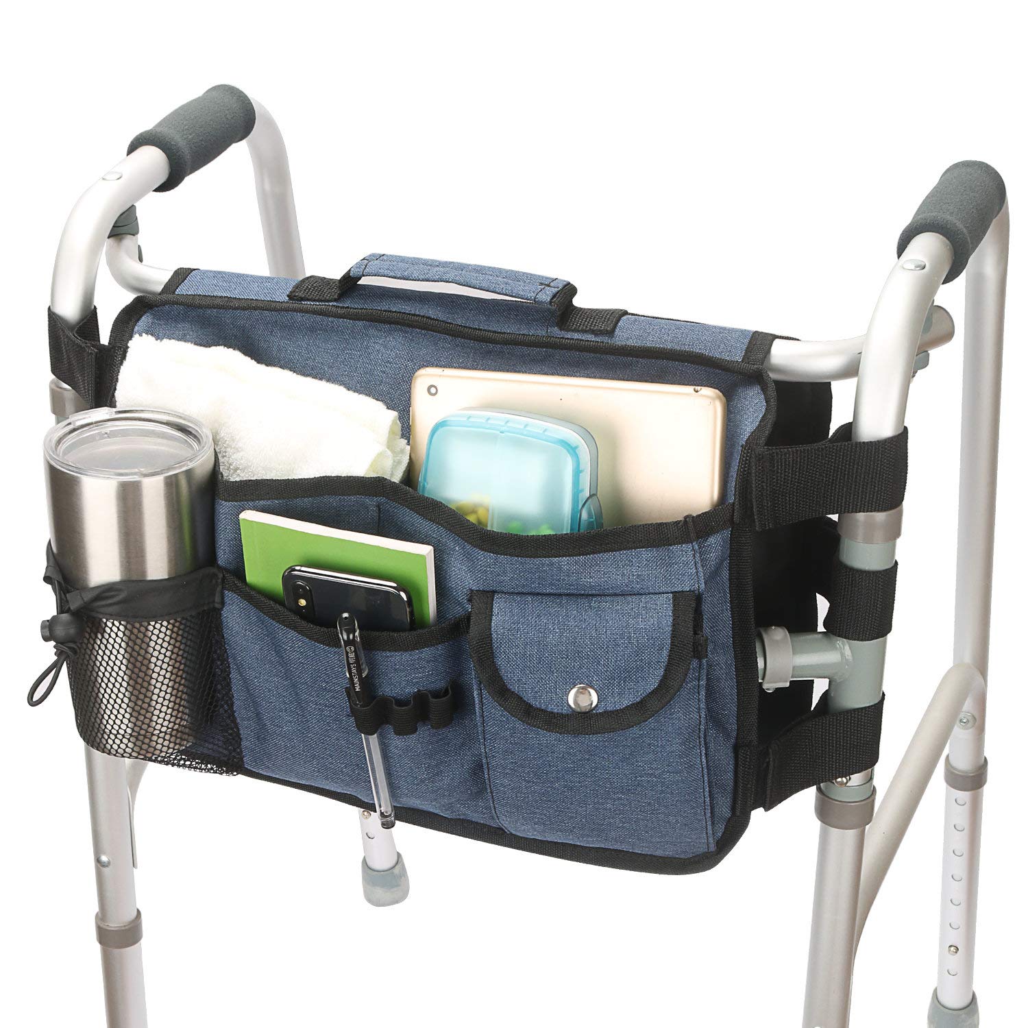 Double Sided Walker Bag for Seniors - Rollator & Folding Walker Organizer Pouch with Multiple Pockets (Blue) - Perfect for Shopping, Travel, and Daily Use