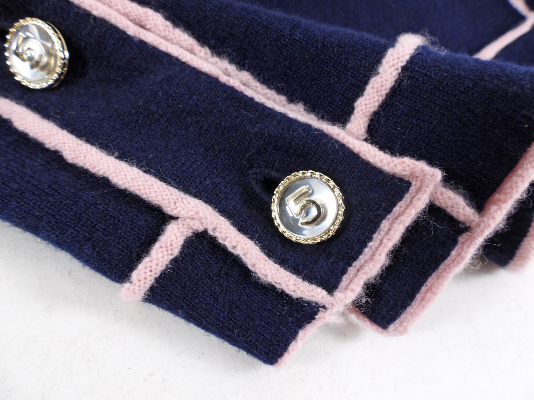 Chanel 21S Navy and Pink No. 5 Cashmere Cardigan Sweater Women's Size FR42 / US10 - Luxury Knitwear for Fall & Winter Fashion, Office Wear & Special Occasions